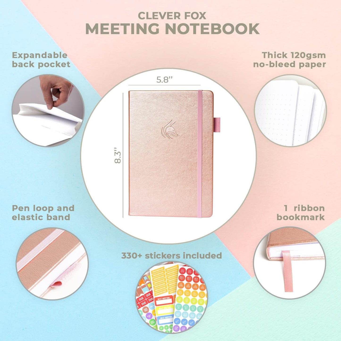 Clever Fox Meeting Notebook – Work & Business Organizer with Notes & Action Items – Notepad for Project Management & Meetings, A5 (Rose Gold)