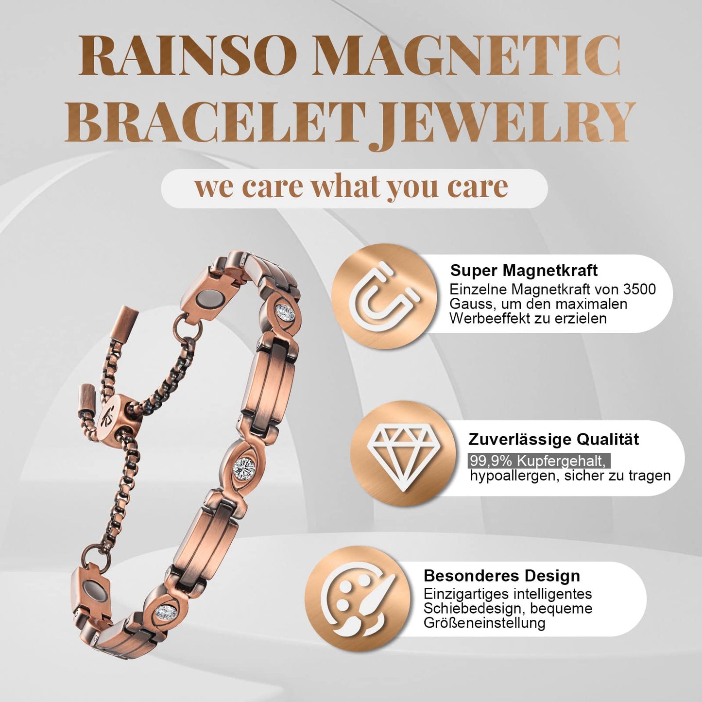 RainSo Women Pure Copper Magnetic Bracelets Adjustable Design with Display Box