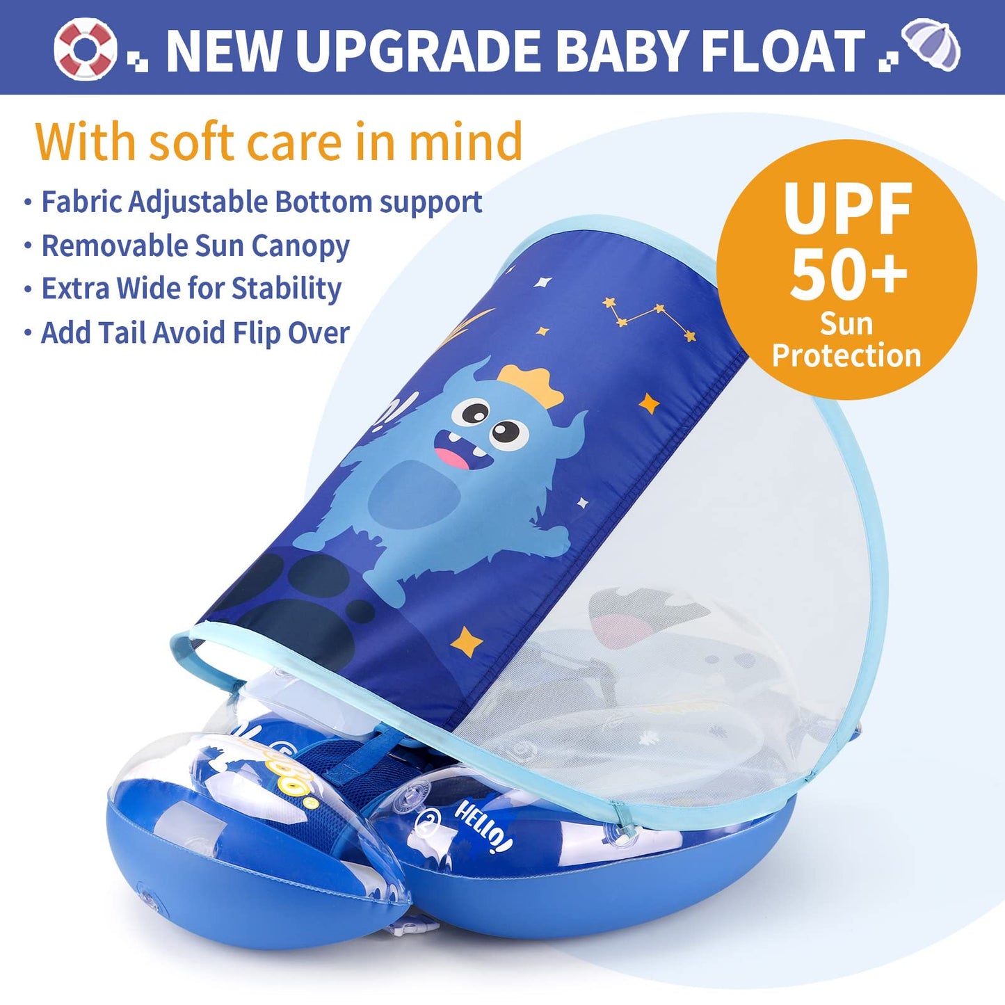 Swimbobo Infant Pool Float with Sun Canopy Inflatable Baby Swimming Floatie with Sponge Safety Bottom Support Water Toys Swim Trainer(Blue Monster,Large)