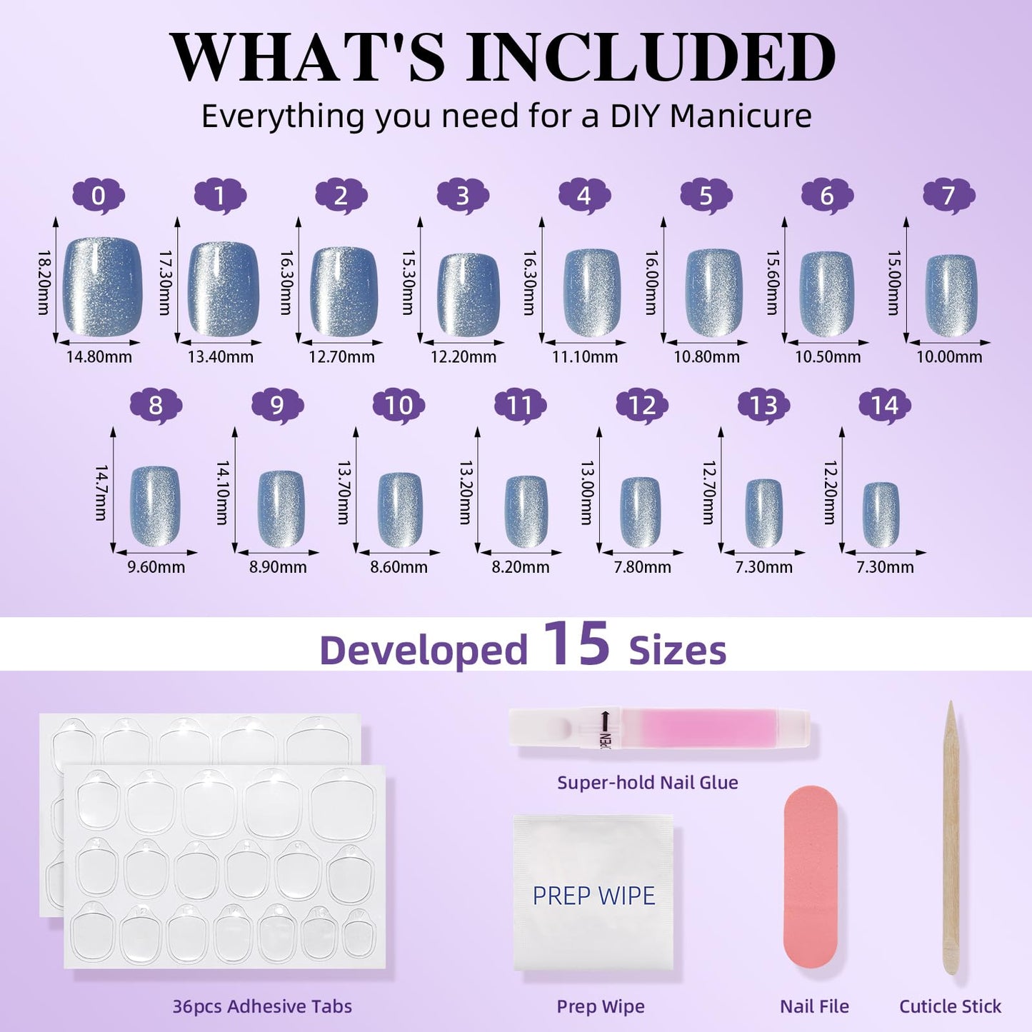 Blue Cat Eye Press on Nails - Short Square Blue Nails Press ons for Women, Reusable Glossy Fake Nails Kit with Glue, 30 Pieces in 15 Sizes