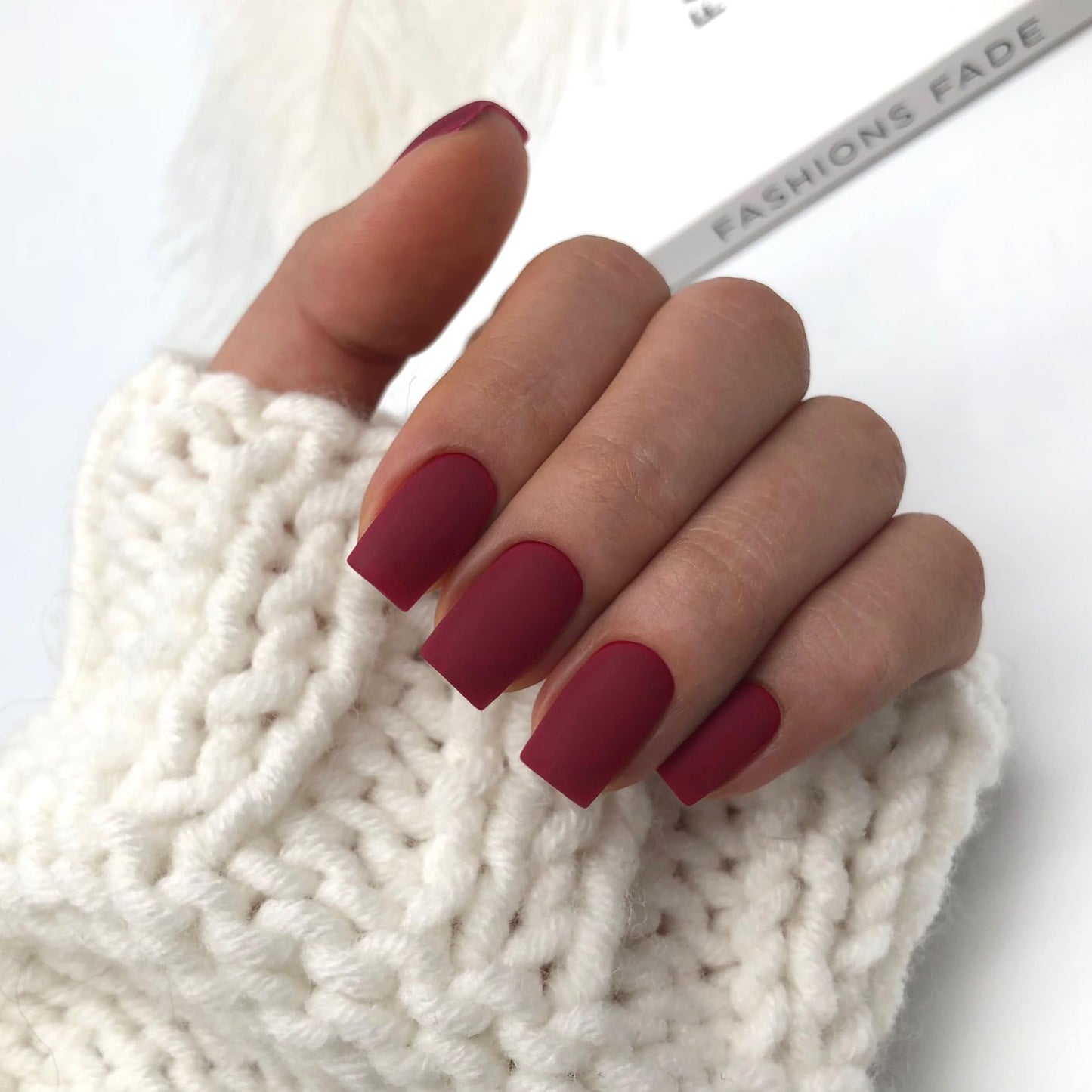 KQueenest Matte Red Press on Nails Short Medium Square, Solid Color Glue on Nails Short, Natural Fake Nails Coffin, Acrylic Nails Press on for Women Fall Winter Wear in 24 Pcs
