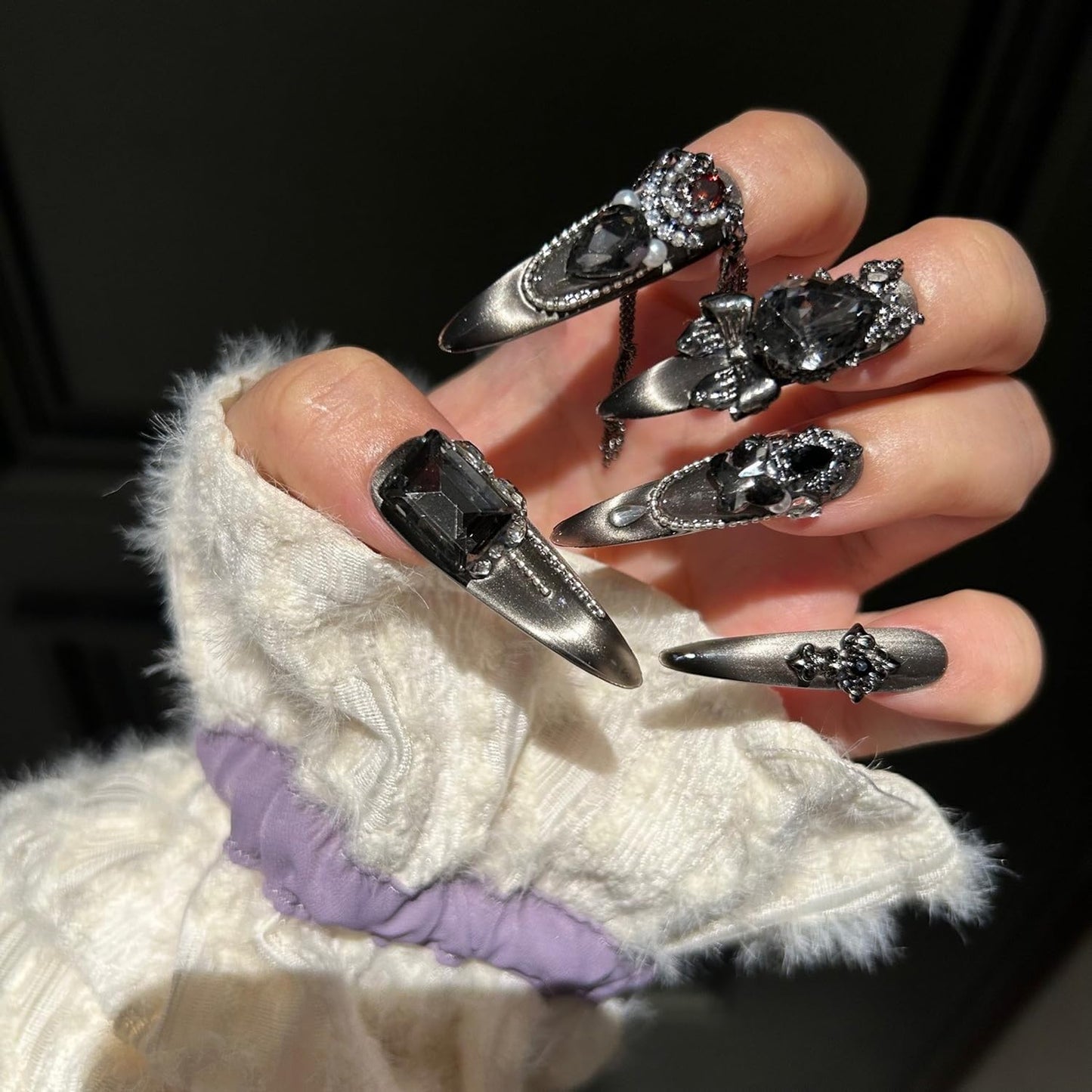 Luxury Press on Nails Long Almond Handmade 3D Unique Reusable ABS Material Fake Nails Black Gothic False Nails with Designs Chain Rhinestones Charms Glitter Glossy Thick Acrylic Nails(M)