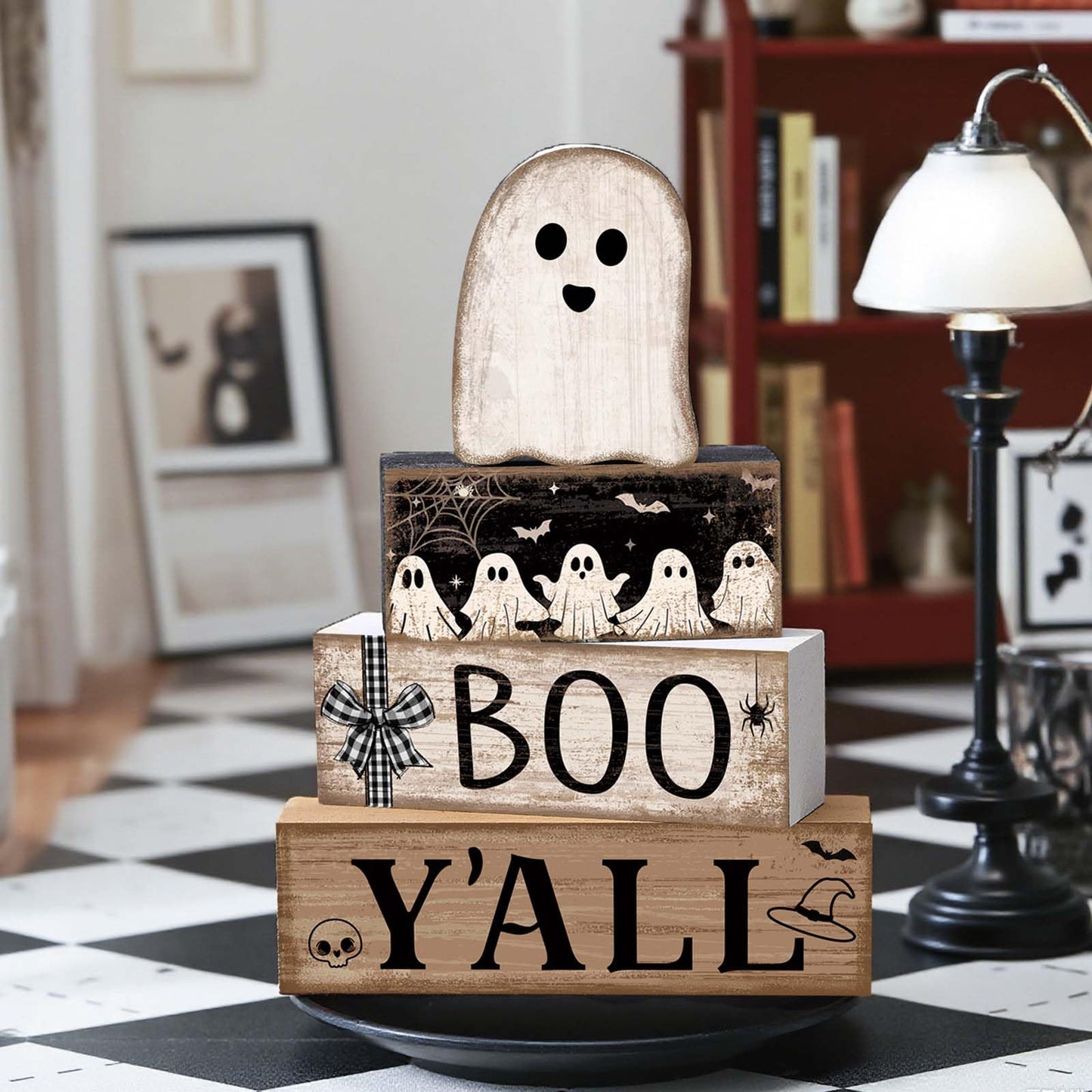 Lineshading 4 Pcs Halloween Table Decoration Wooden Ghost Tiered Tray Decoration Rustic Wood Ghost Block Signs Gift Halloween Centerpiece Farmhouse for Home Tabletop Kitchen Shelf