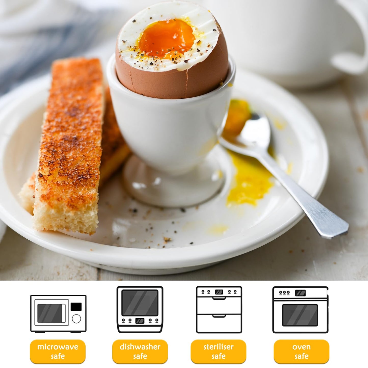RHAFAYRE Egg Holder for Boiled Eggs, 6 Pack Porcelain Egg Cups with Spoons for Soft Hard Boiled Eggs Breakfast Dinner, 3.5" White