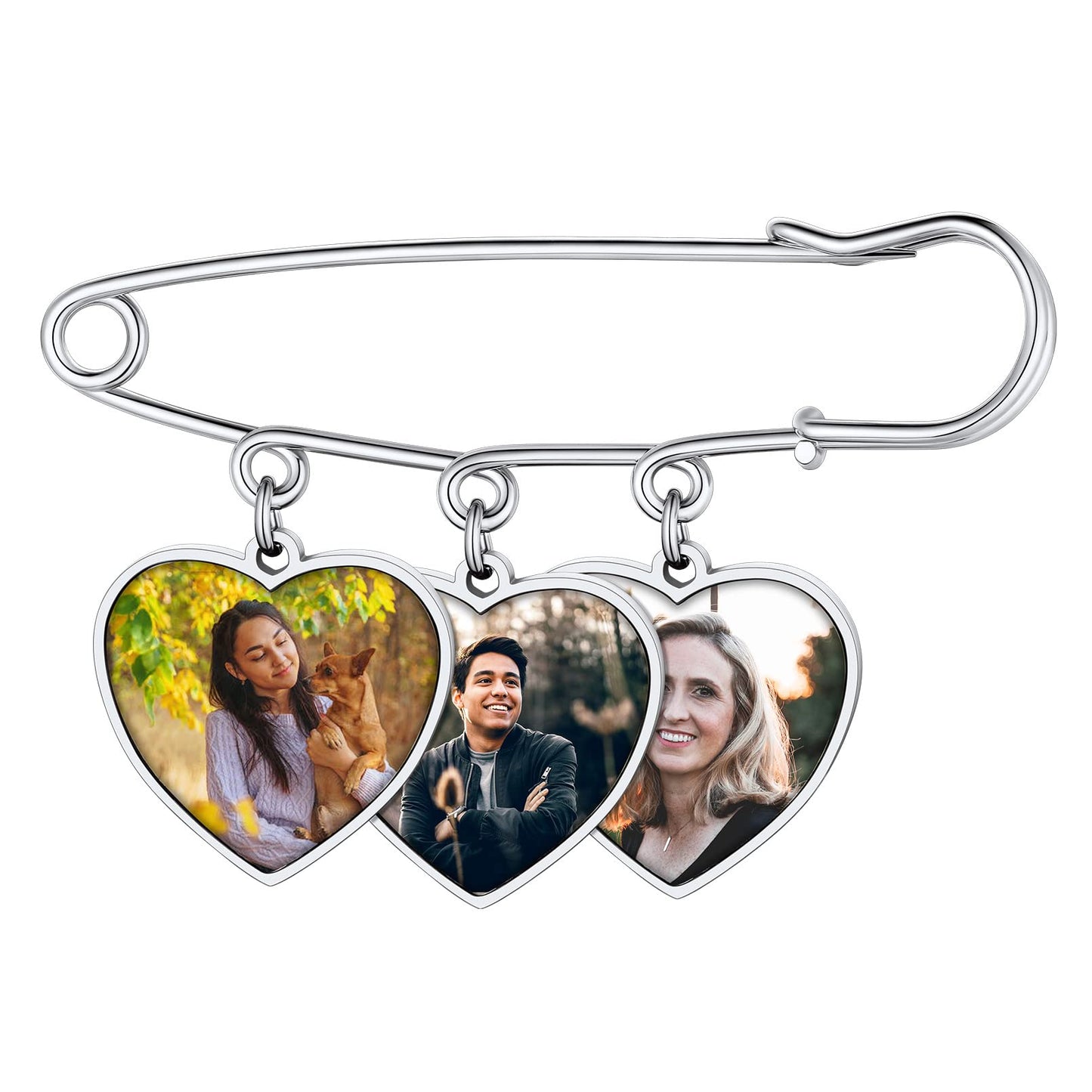 Custom4U Memory Charms for Wedding Bouquet Customized with 3 Pictures Custom Photo Brooch Pins Funeral Boutonniere Heart Shaped Charm Memorial Jewelry