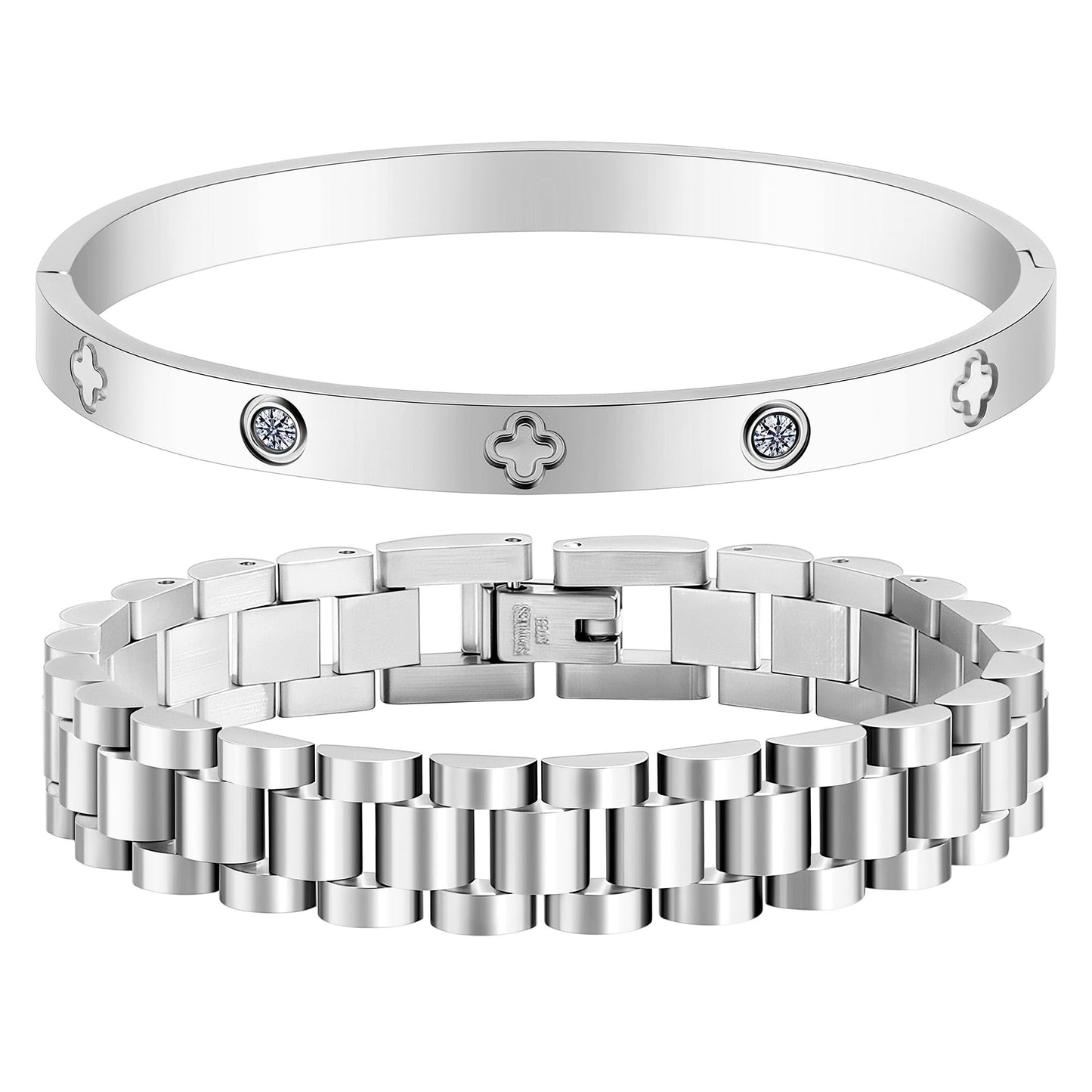 18K Gold Plated Stackable Love Bangle Bracelets for Women,Silver Chain Link Watch Bracelet,Non-Tarnish Jewelry with Adjustable Tool.(2pcs-C Silver)