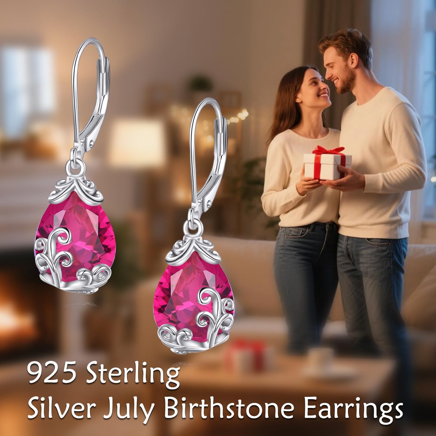 POPLYKE BirthStone Filigree Teardrop Drop Earrings Sterling Silver Ruby Leverback Earrings July Birthstone Dangle Jewelry Gifts for Women