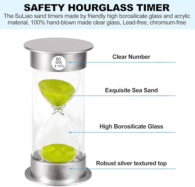 SuLiao Sand Timer 60 Minute Hourglass, Green Sand Watch 60 Min, Large SandClock one Hour, Colorful Plastic Hour Glass Sandglass for Kids, Games, Classroom, Kitchen, Decor