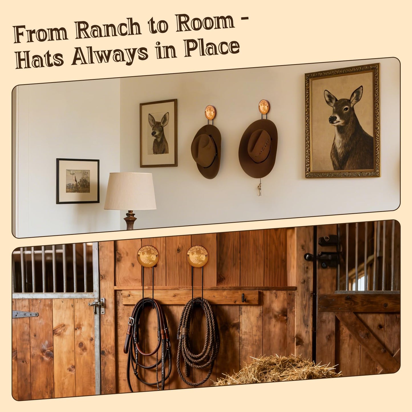 Qiannhee Cowboy Hat Rack Holder for Wall, 2 Pack Hat Rack for Wall, Wooden Western Rustic Metal Hat Holder for Cowboy Hats, Caps, and Sunhats, Ideal for Western Decor(Brown)