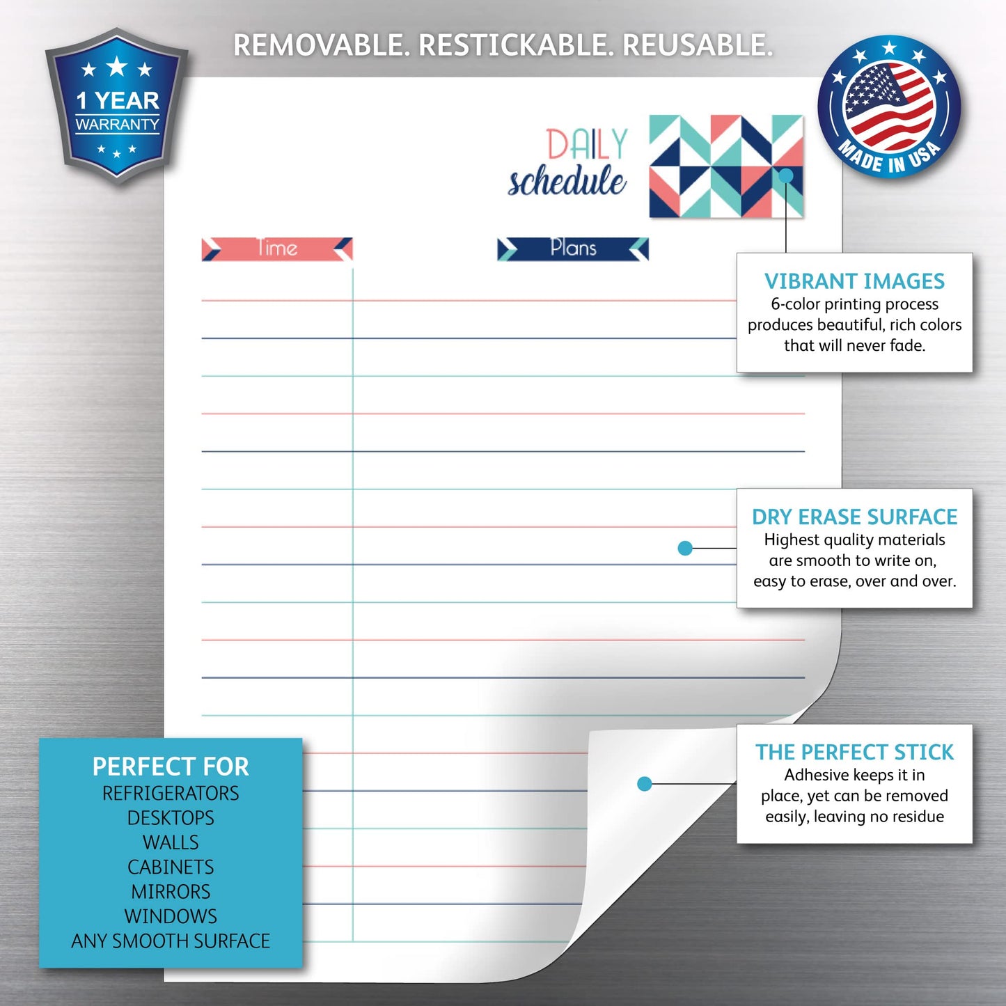 Dry Erase Daily Schedule Planner Sticker Decal by Glassboard Studio | Removable & Reusable | Magnetic Fine-Tip Marker Included (9 x 12 inches, Geometric)