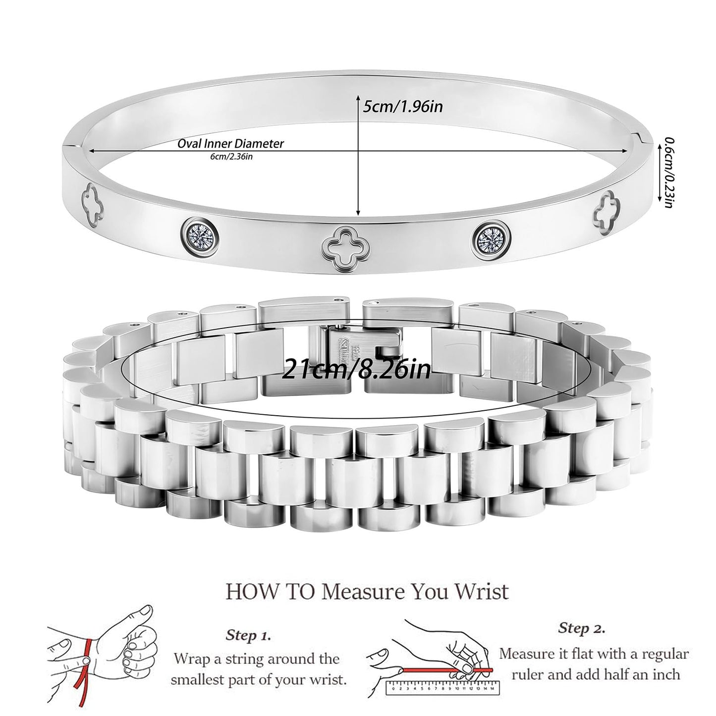 18K Gold Plated Stackable Love Bangle Bracelets for Women,Silver Chain Link Watch Bracelet,Non-Tarnish Jewelry with Adjustable Tool.(2pcs-C Silver)