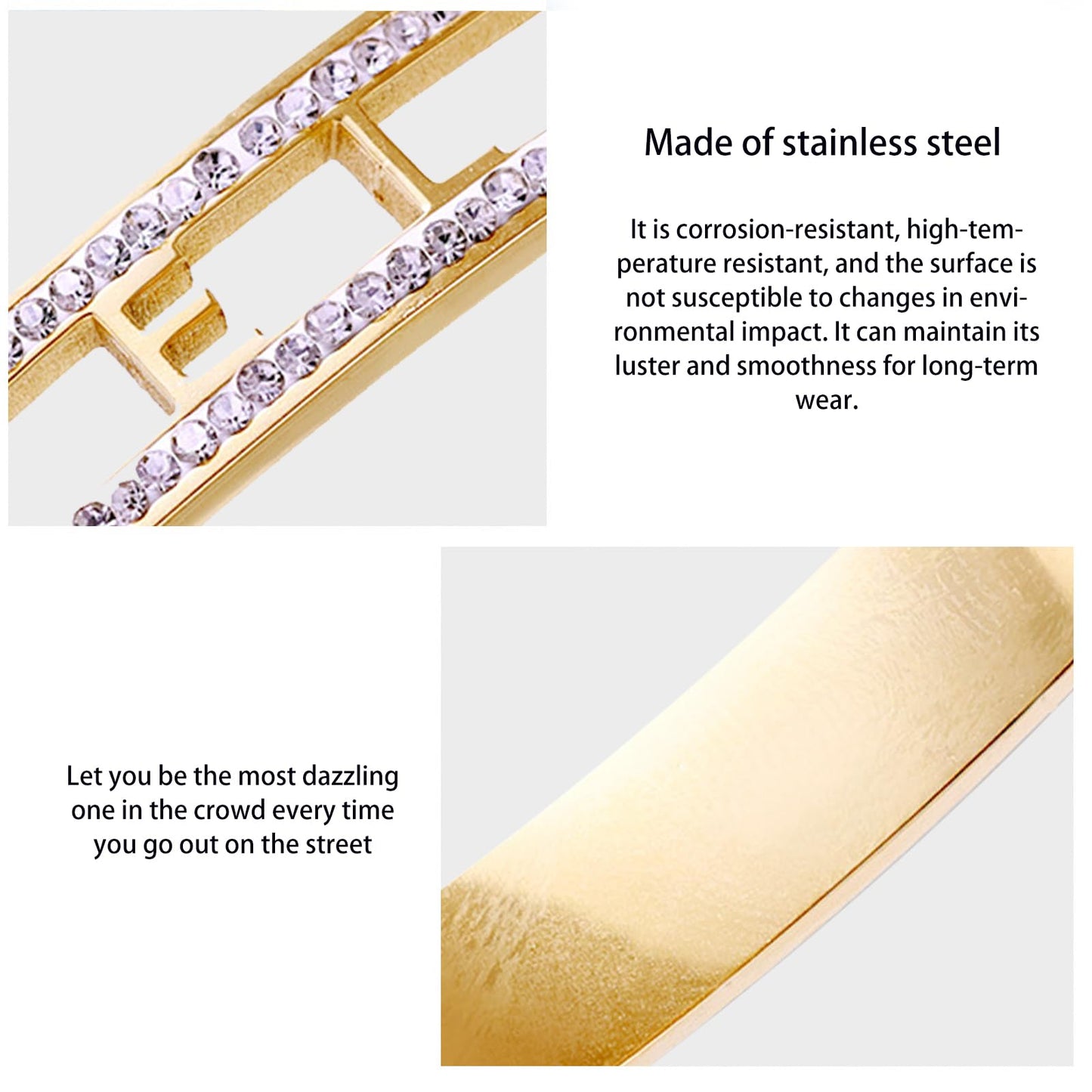 Vbvbip 18K Gold Plated 316L Stainless Steel Bangle Bracelet Collection - 12 Unique Designs + Matching Diamond-Accent Titanium Steel Chain, Gift for Women