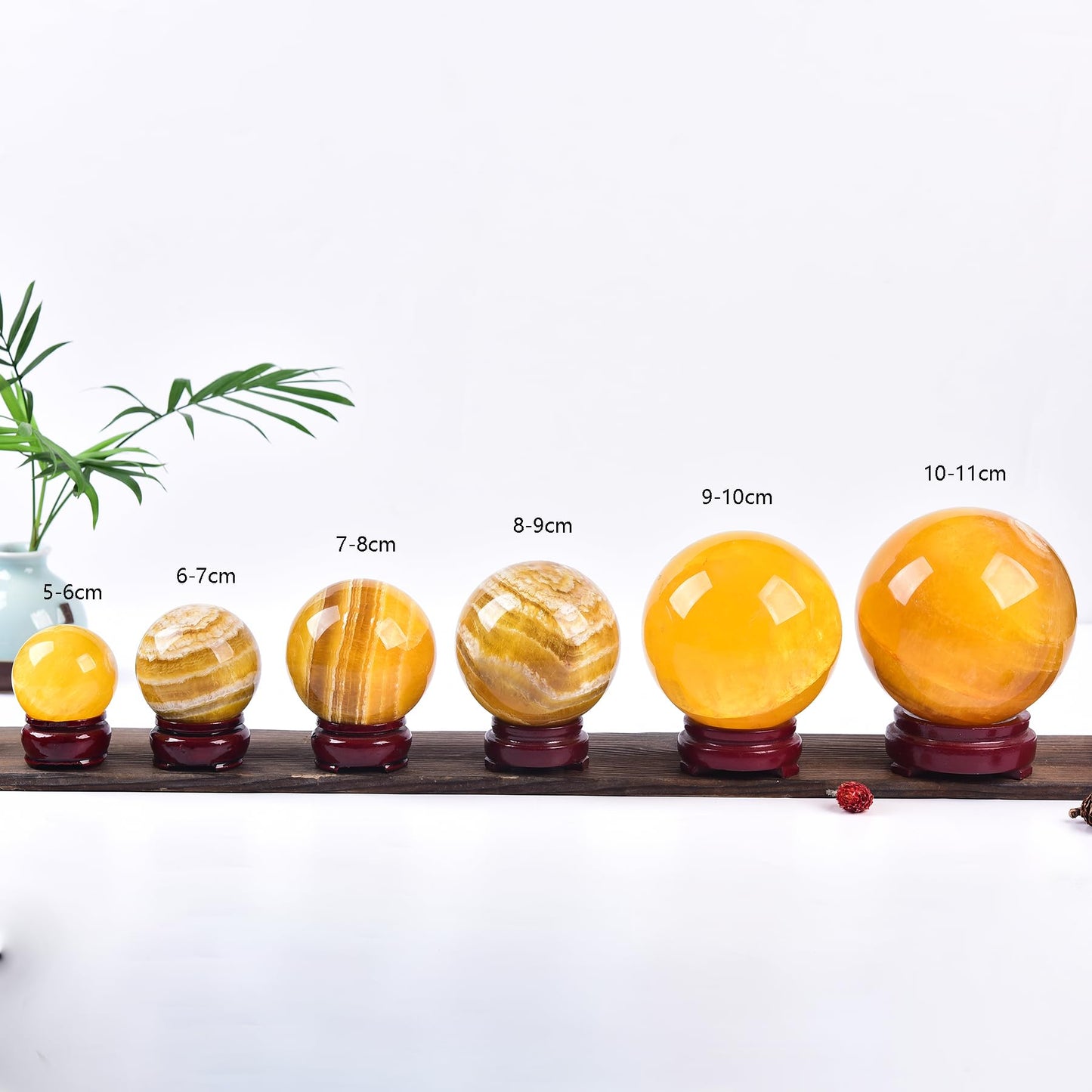 JIC Gem Natural Yellow Fluorite Crystal Sphere with Wooden Stand,Decorative Crystal Ball Yellow Gemstone Sphere for Meditation,Feng Shui,Witch-Style Decor,Table 70-80mm