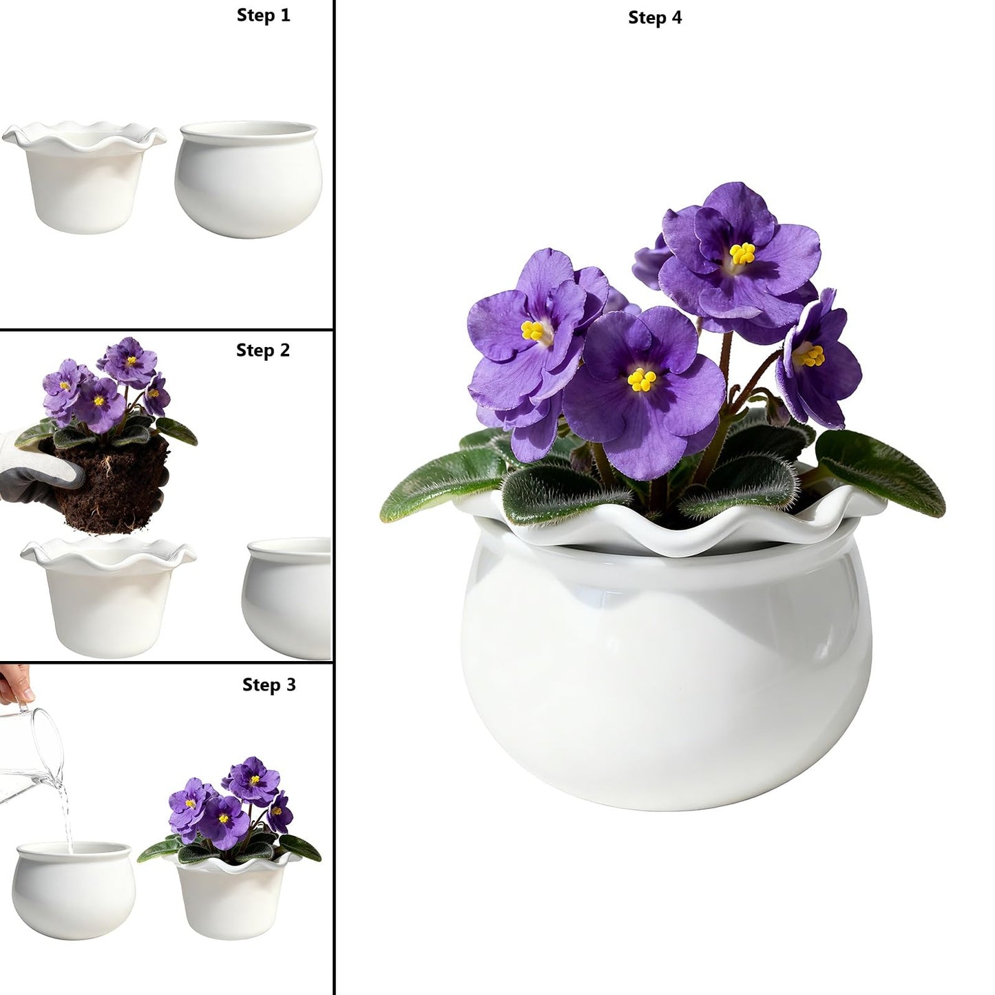 Sanmudecor Self Watering Planter Pot for African Violets, White Ceramic Indoor Plant Pot with Bottom Watering System, 7"