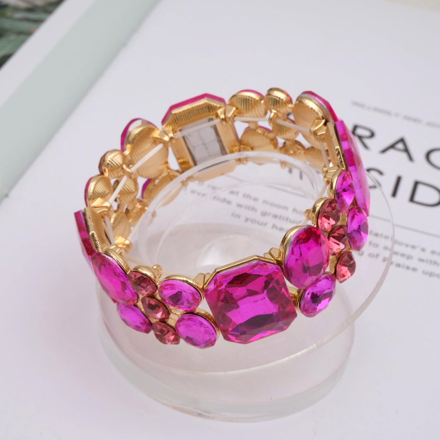 CSY Women's Statement Stretch Wide Bangle Bracelets Austrian Crystal Art Deco Elastic Bracelet for Party Prom (hot pink crystal)