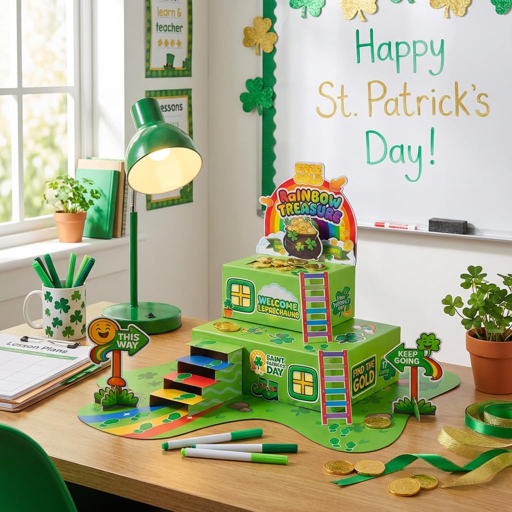 LEKSON St. Patrick’s Day Leprechaun Trap Craft Kit for Kids, Rainbow Treasure DIY Decoration Scene with Path, Signs & Accessories, Classroom & Holiday Activity Set