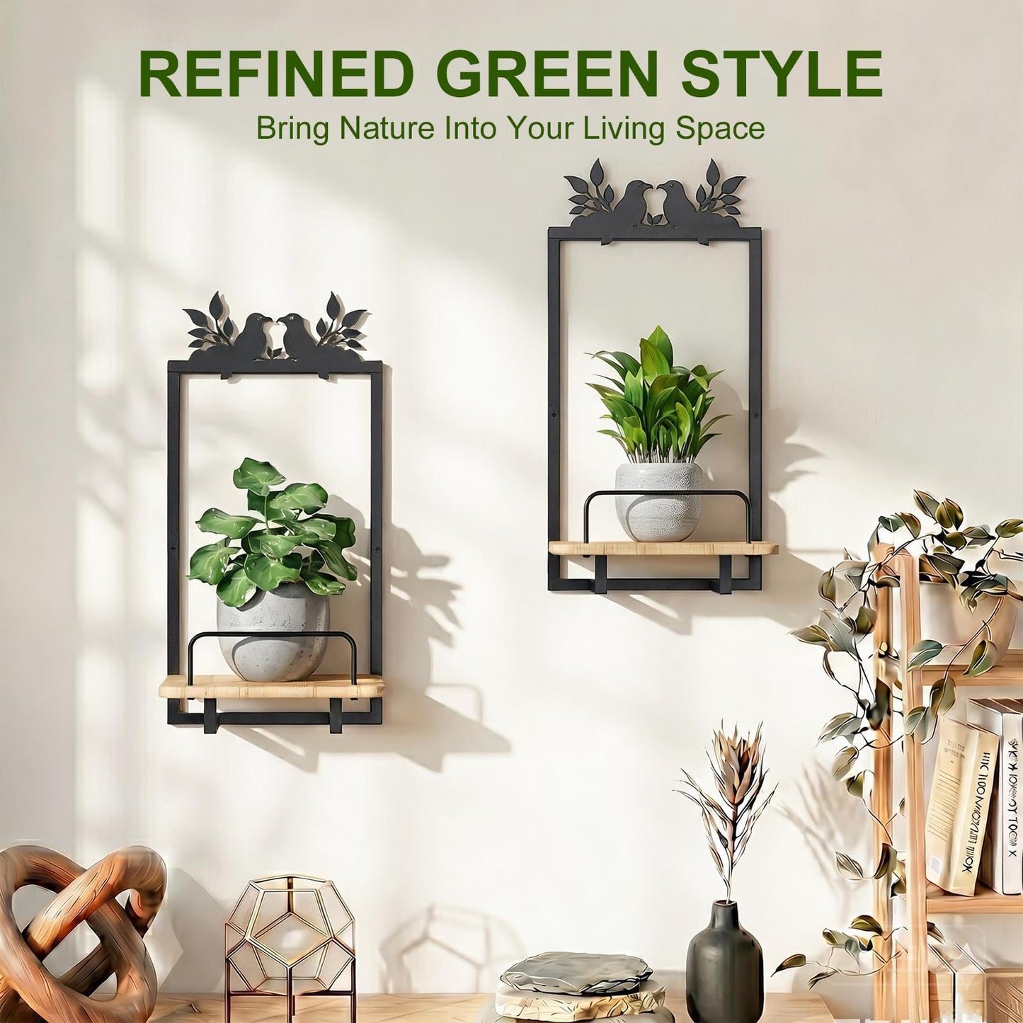 Shineled Wall Planter for Indoor Plants 2 Pack, Wall Mounted Plant Holder for Small Plants, Floating Wall Shelf for Plants, Real Oak Wood, Magnetic Animal Decor, Home Wall Decor (Bird)