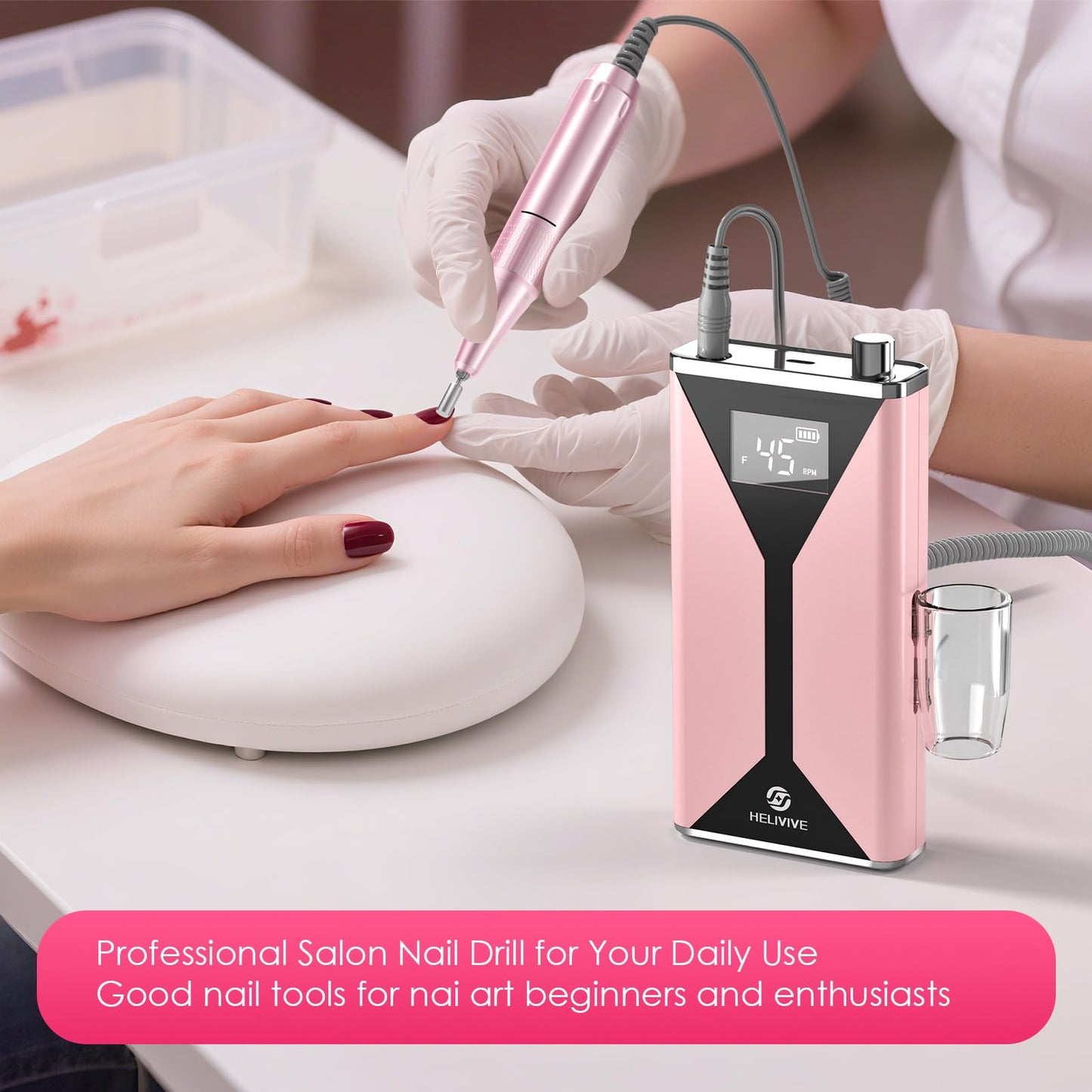 HELIVIVE Professional Electric Nail Drill 45000RPM (Portable & Rechargeable) (with 11 Drill Bits ) Cordless Nail File Machine for Shaping, Polishing & Removing Gel Nails for Salon Home (Pink)