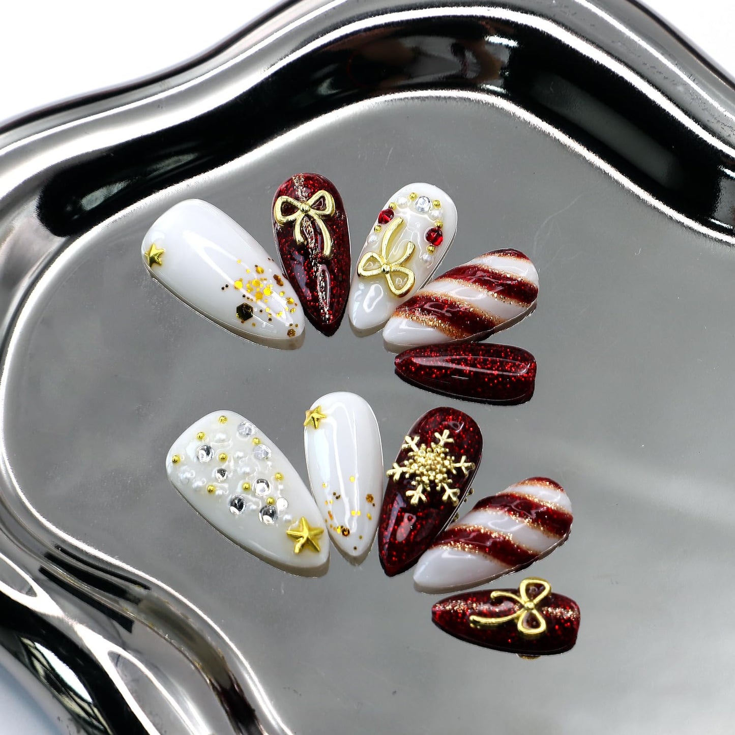 10Pcs Christmas Press on Nails Handmade Almond Fake Nails with 3D Bow Snowflake Rhinestone Design Red White Stripe Christmas Nails Acrylic Nails Press ons Handmade Xmas Glue on Nail for Women (S)