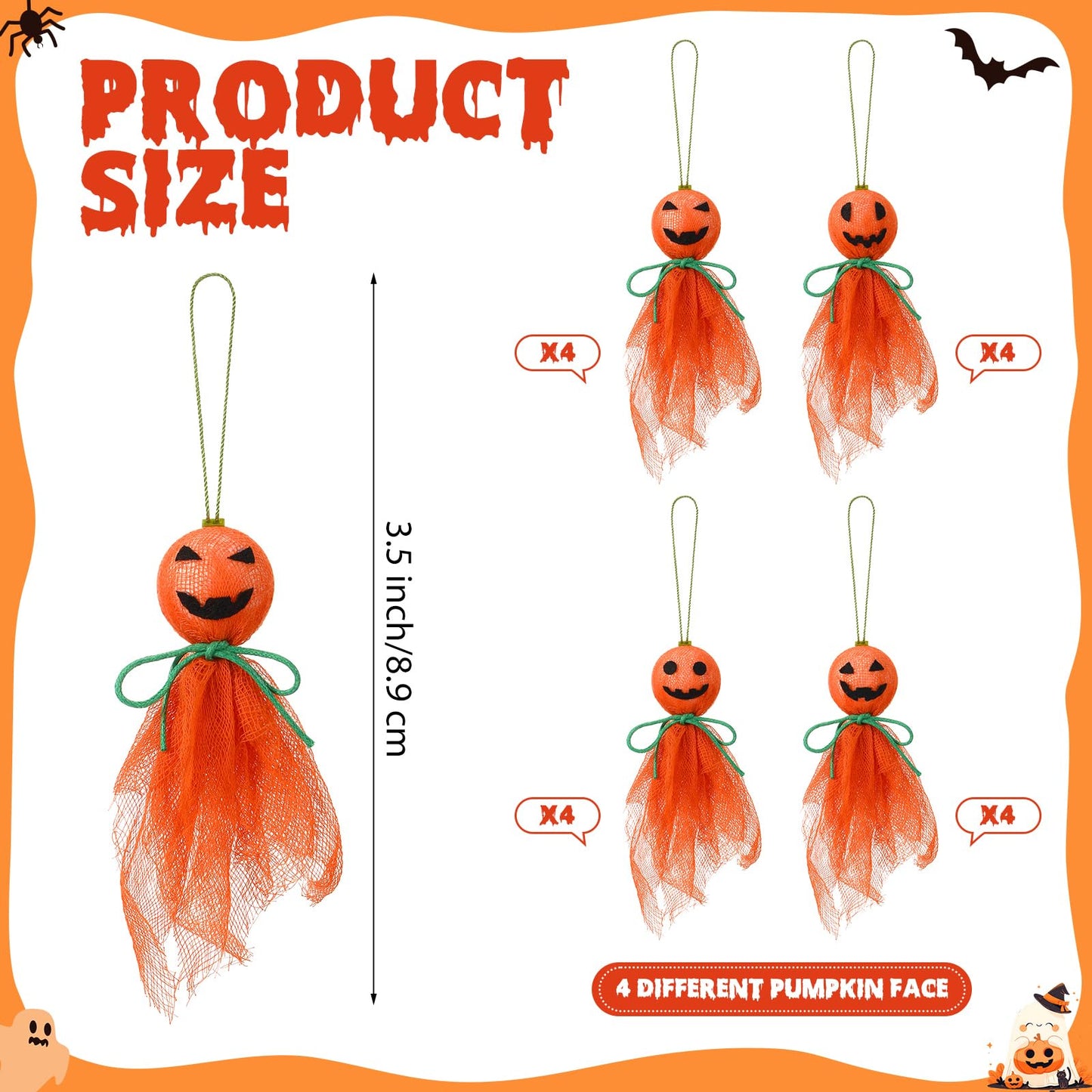 Kinlop 16 Pcs Halloween Pumpkin Hanging Ornaments 3.5 Inch Small Hanging Ghosts Tree Ornaments Orange Cute Pumpkin Decor for Halloween Party Yard Garden Tree Decoration