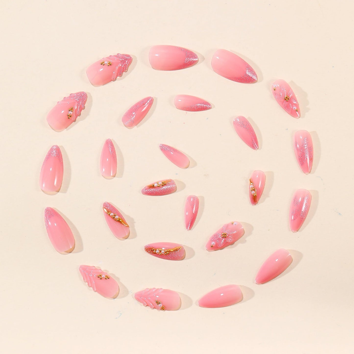 Long Press on Nails Almond Fake Nails Pink Artificial Nail Floral Stick on Nail with 3D Flower Pearl Gold Line Shimmer Accent Romantic Look for Women 24pcs