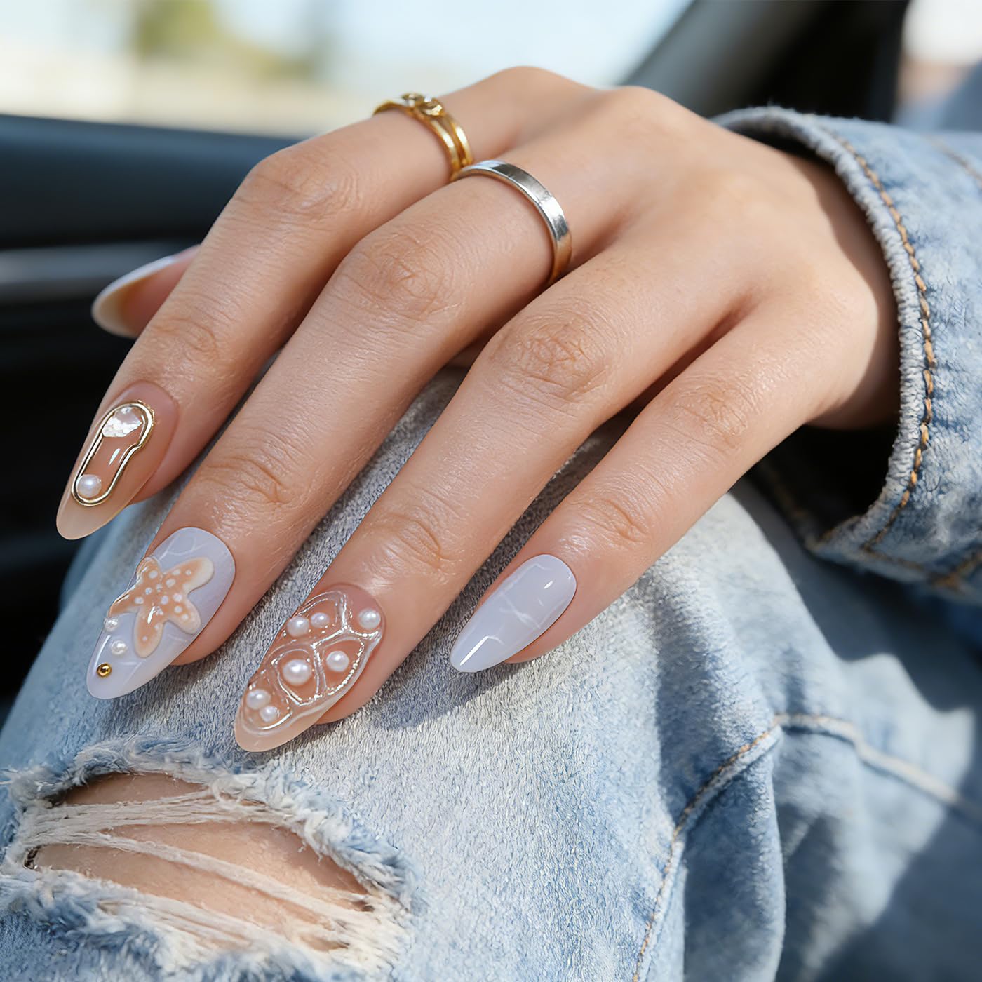 Goolich Medium Almond Ocean Theme Press On Nails,3D Bead Mermaid Nails Press ons Set with Adhesive Tabs, 24 Pcs 12 Size Reusable Full Cover Glue on Nails for Women