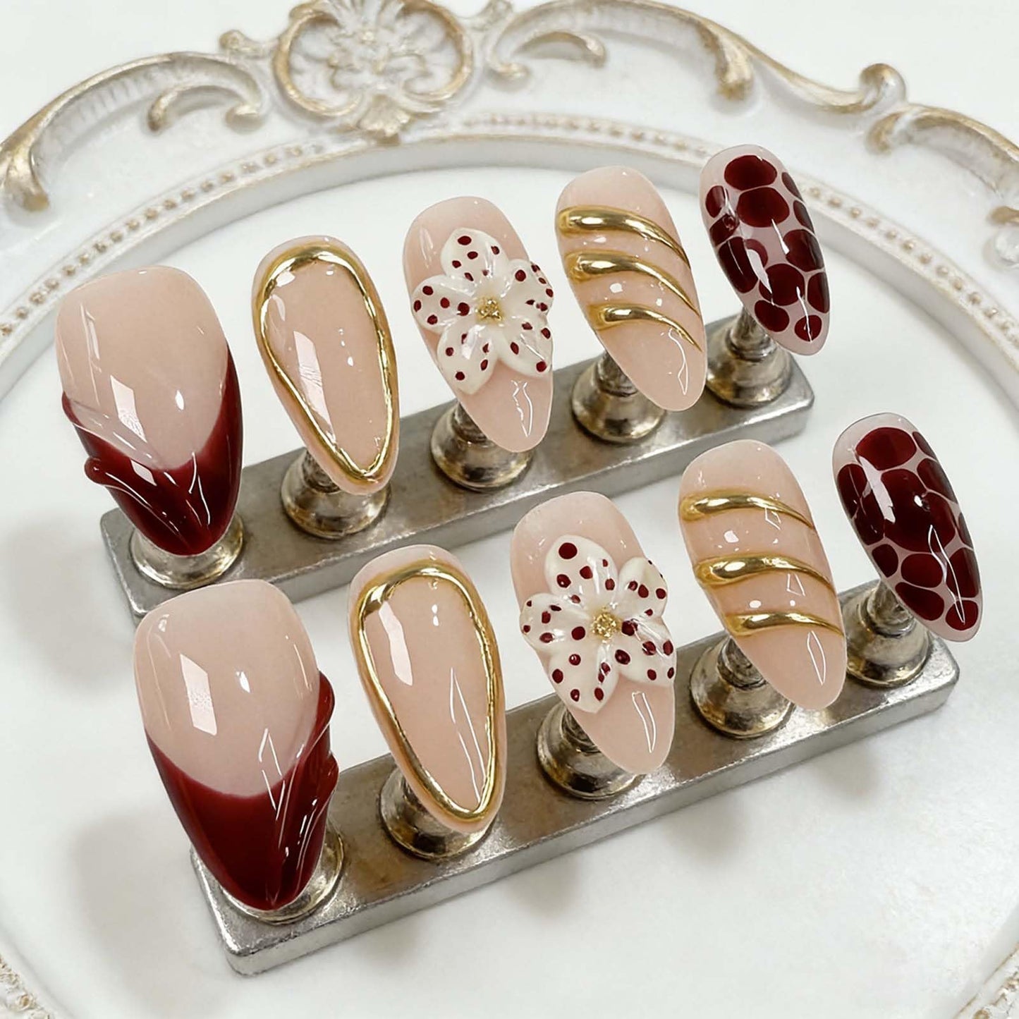 Handmade Press on Nails Almond Summer Nails Reusable 3D Flower Fake Nails French Tip Gold Accent Glue on Nails for Women 10 Count S Size