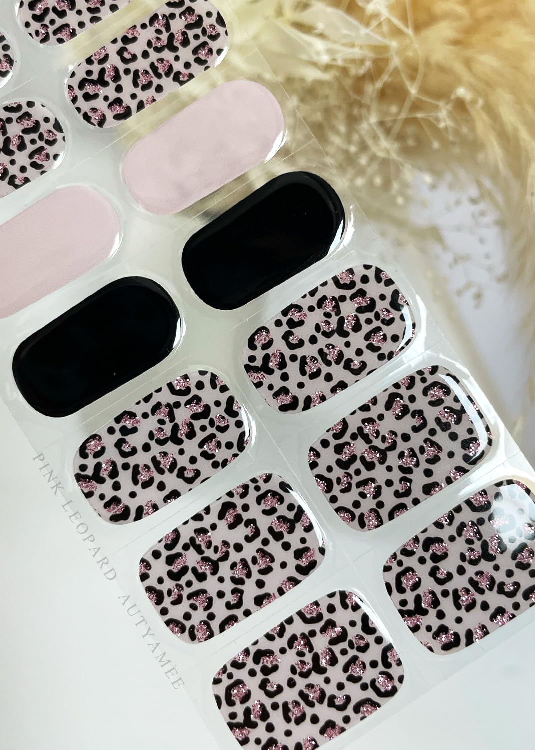 AutyaMee Semi Cured Gel Nail Strips (Pink Leopard), Purple, 20 Pcs Gel Nail Wraps, Stickers, Salon Quality, Long Lasting, Works with Any UV Lamps