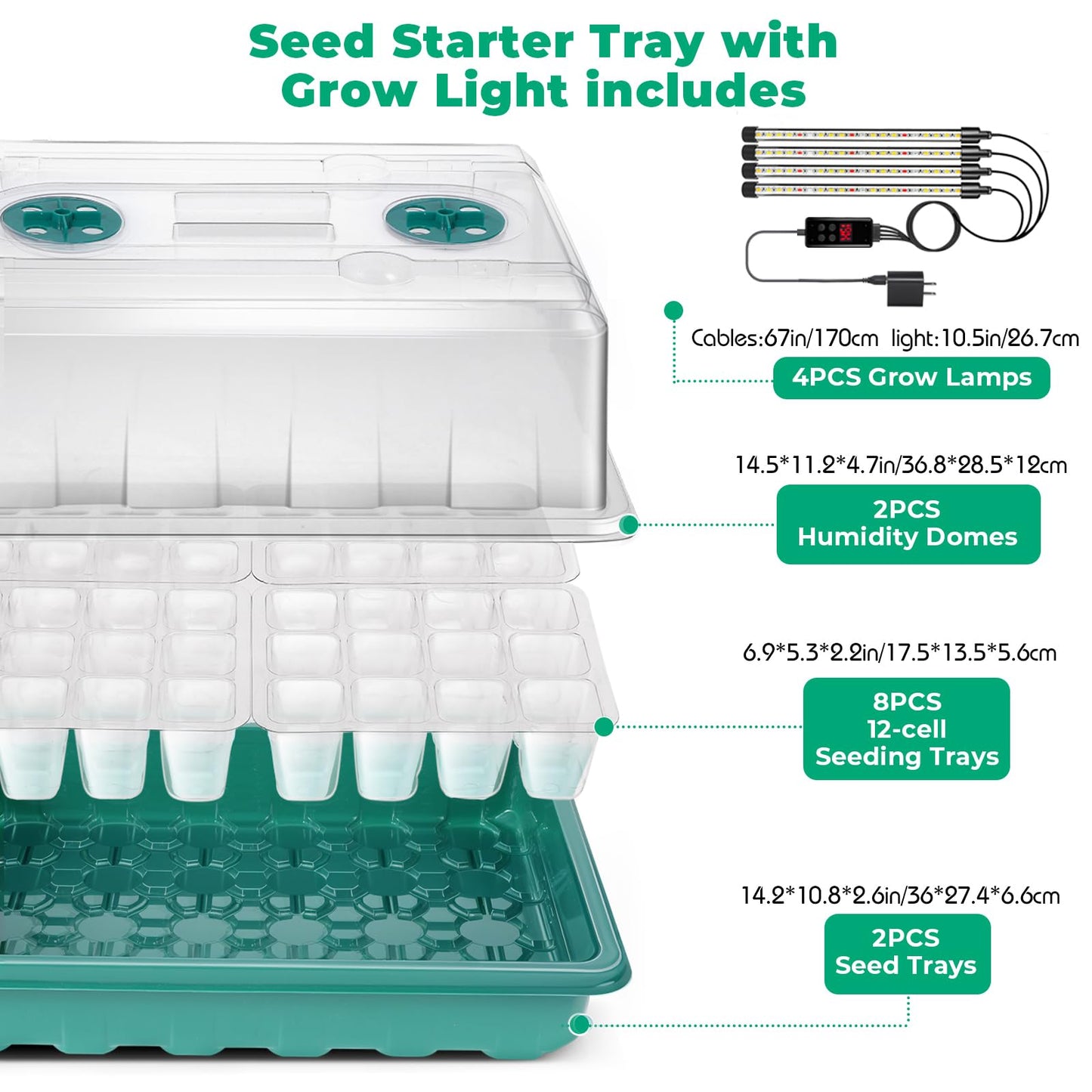 Ryscam Seed Starter Tray with Grow Light, 96-Cell Seed Starter Kit, Seedling Starter Trays with Humidity Domes, Automatic Timer, Adjustable Light Indoor Gardening Plant Germination Trays