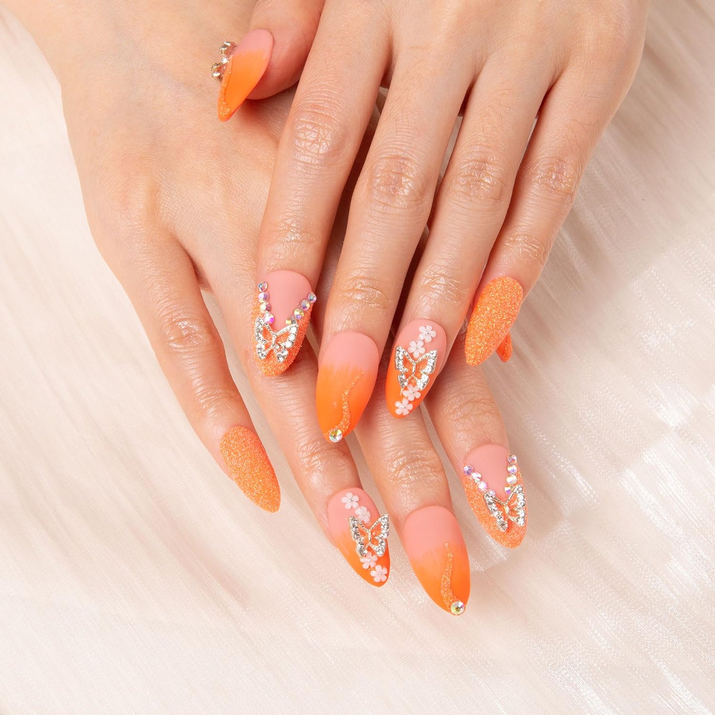 LOVFUL Press on Nails Citrus Bloom | Handmade with Full Covered Crystals | Reusable Fake Nails | Almond Regular 1.0 in | H209-L