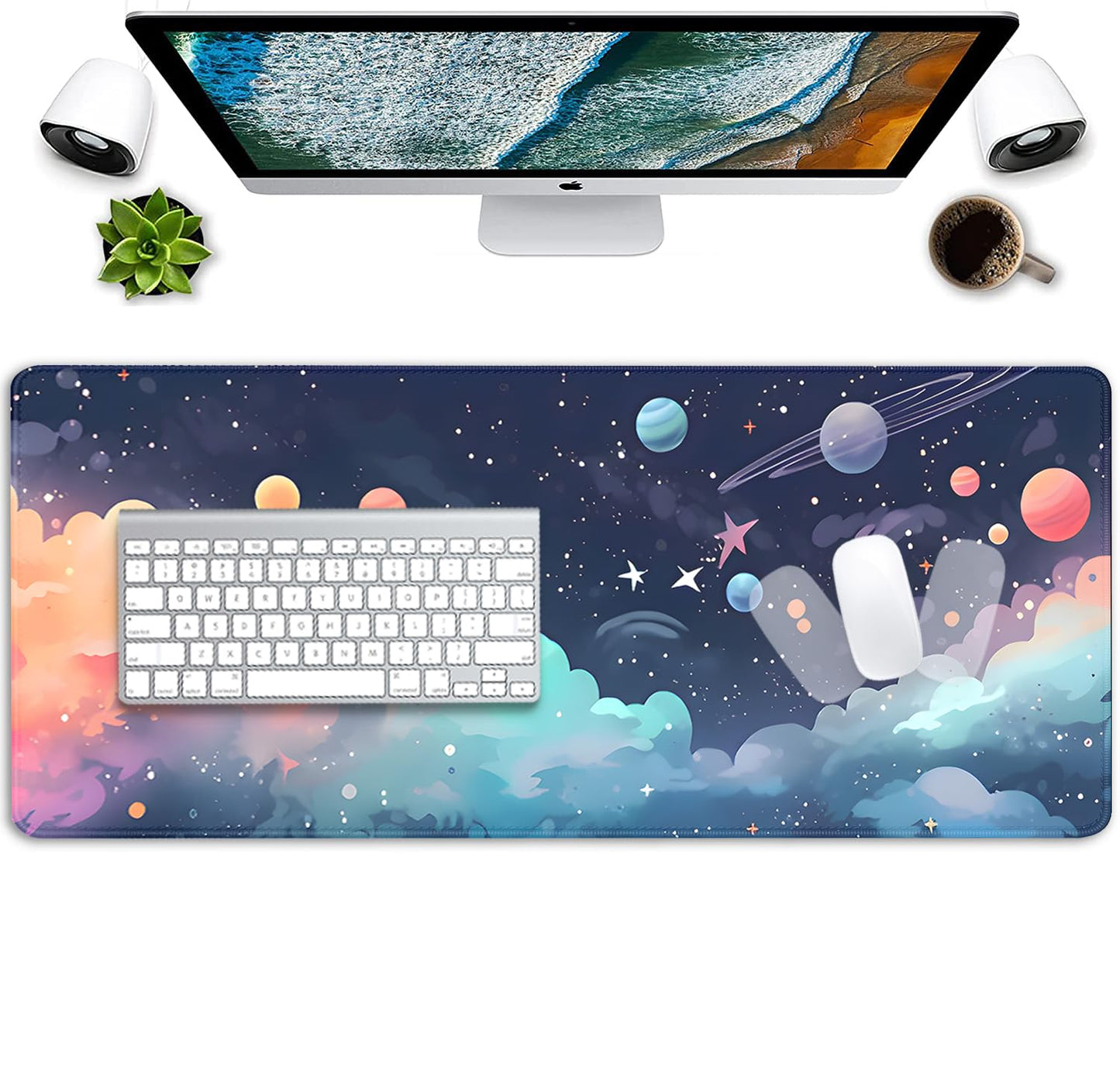 Cosmos Desk Mat Mouse Pad,Anime-Inspired Space Scene Mousepad, Cute Aesthetic Stars and Planets,Large Galaxy Mouse Pad,Cute Desk Mat for Home Work Ofiice(27.5X11.8 in)