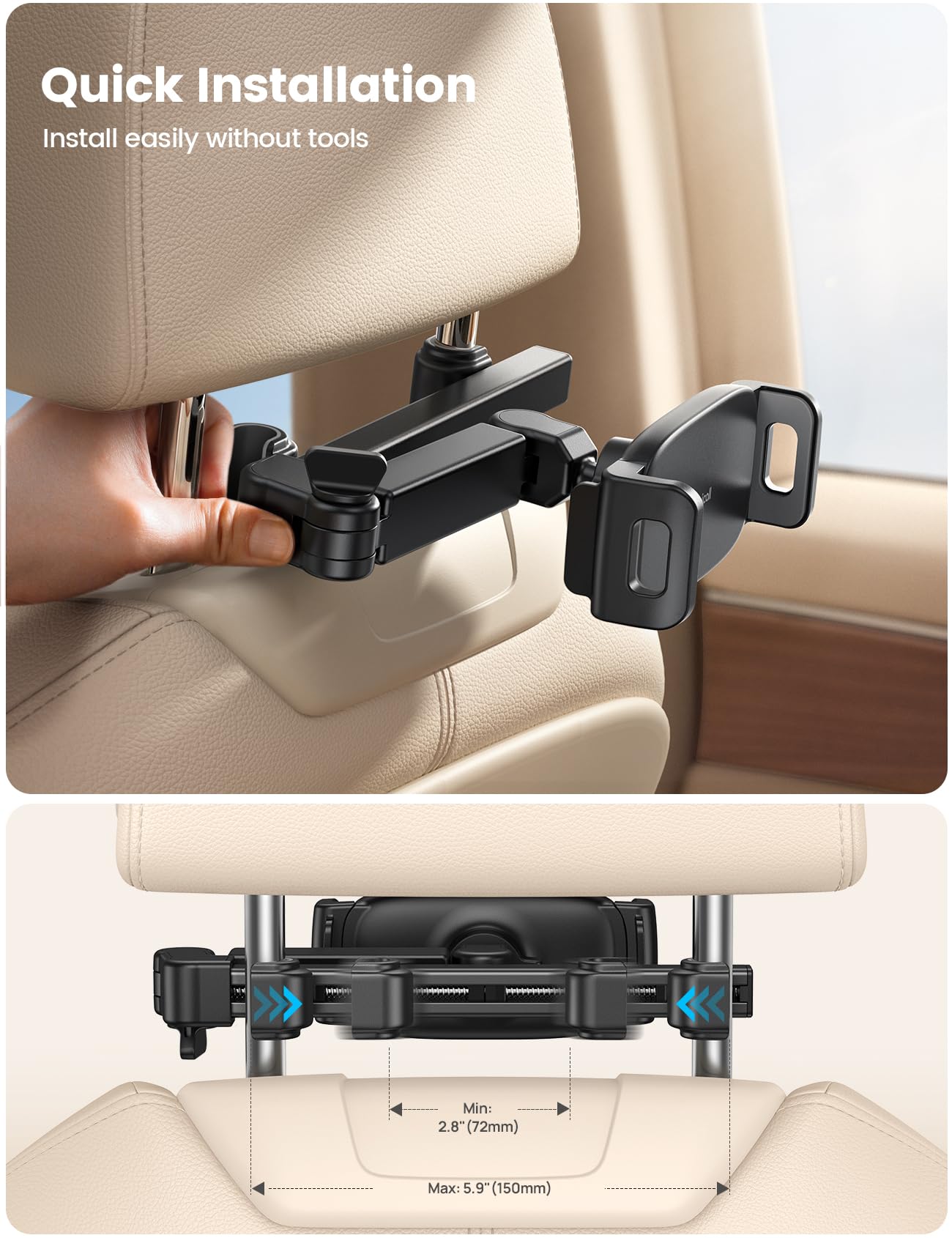 Lamicall Car Headrest Tablet Holder - [3 in 1 Extension Arm] Adjustable Tablet Car Mount for Back Seat, Gifts Road Trip Essentials for Kids, for 4.7-11" Devices, iPad Pro, Galaxy, Fire, Mother's Day