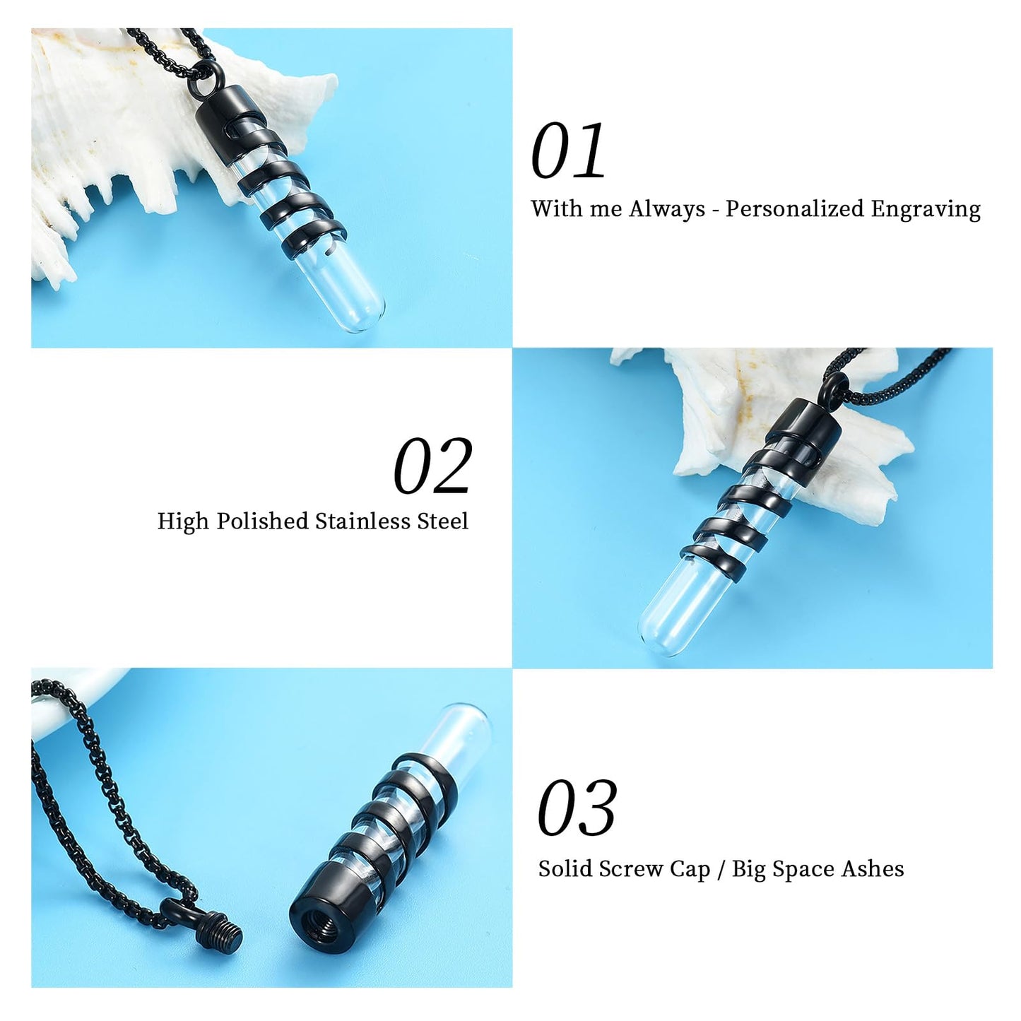 Oinsi Clear Glass Tube Cremation Urn Jewelry Ashes Holder Necklace Keepsake Memorial Pendant Including Box/Fill Kits (Customize-Text/Image)