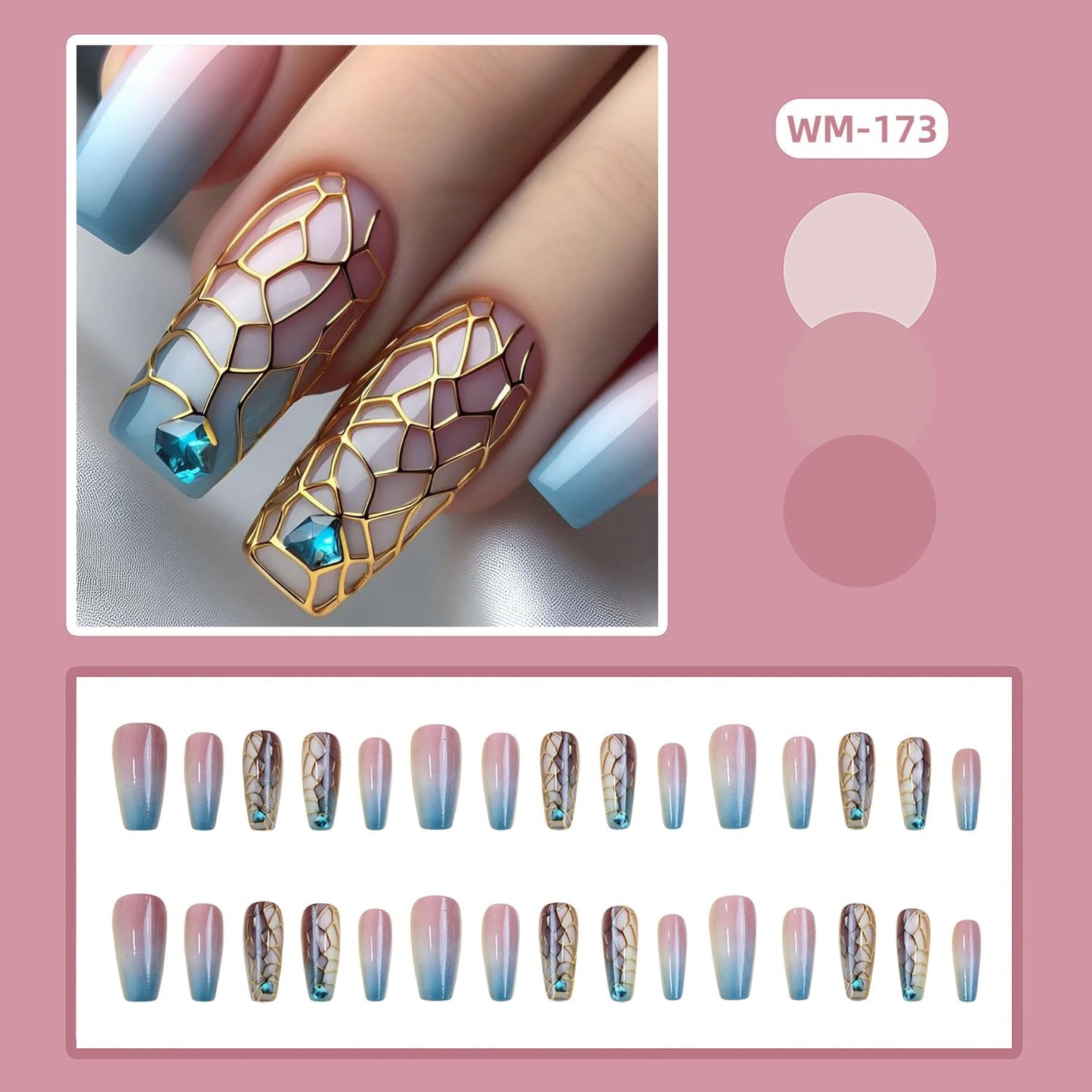 Pink Blue Gradient Press on Nails Medium Gold Mesh False Nails Blue Diamond Design Press Nails Full Cover Glossy Acrylic Nails Artificial Coffin Nails Ballet Shaped Stick on Nails for Women 24Pcs