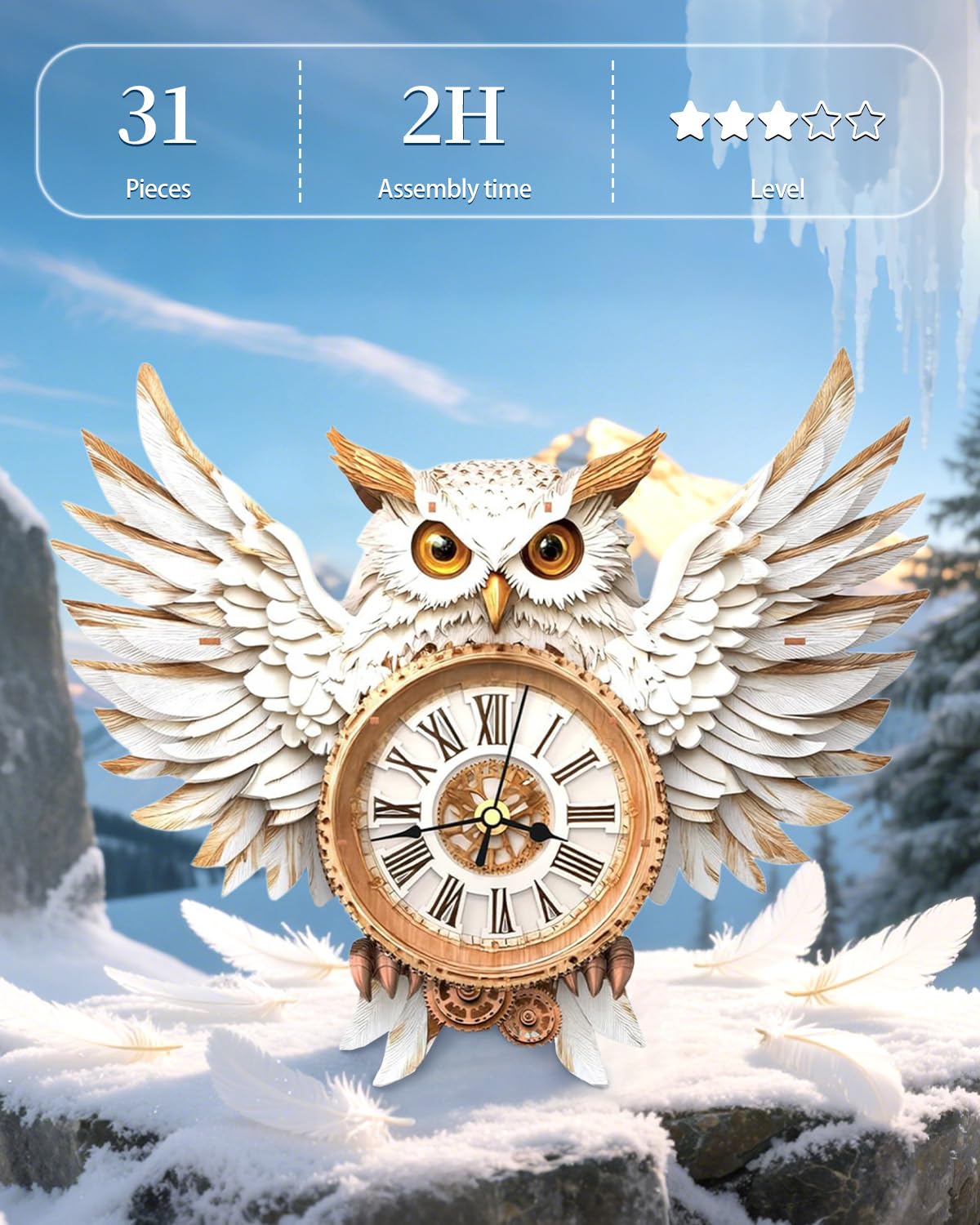 Rnfinewow 3D Wooden Puzzles for Adults, Snowy Owl Clock Kit with Pendulum, Beginner 3D Puzzles Model Kit DIY Crafts for Home Wall Decor Hobbies Birthday Christmas Day Gift for Teens Adults