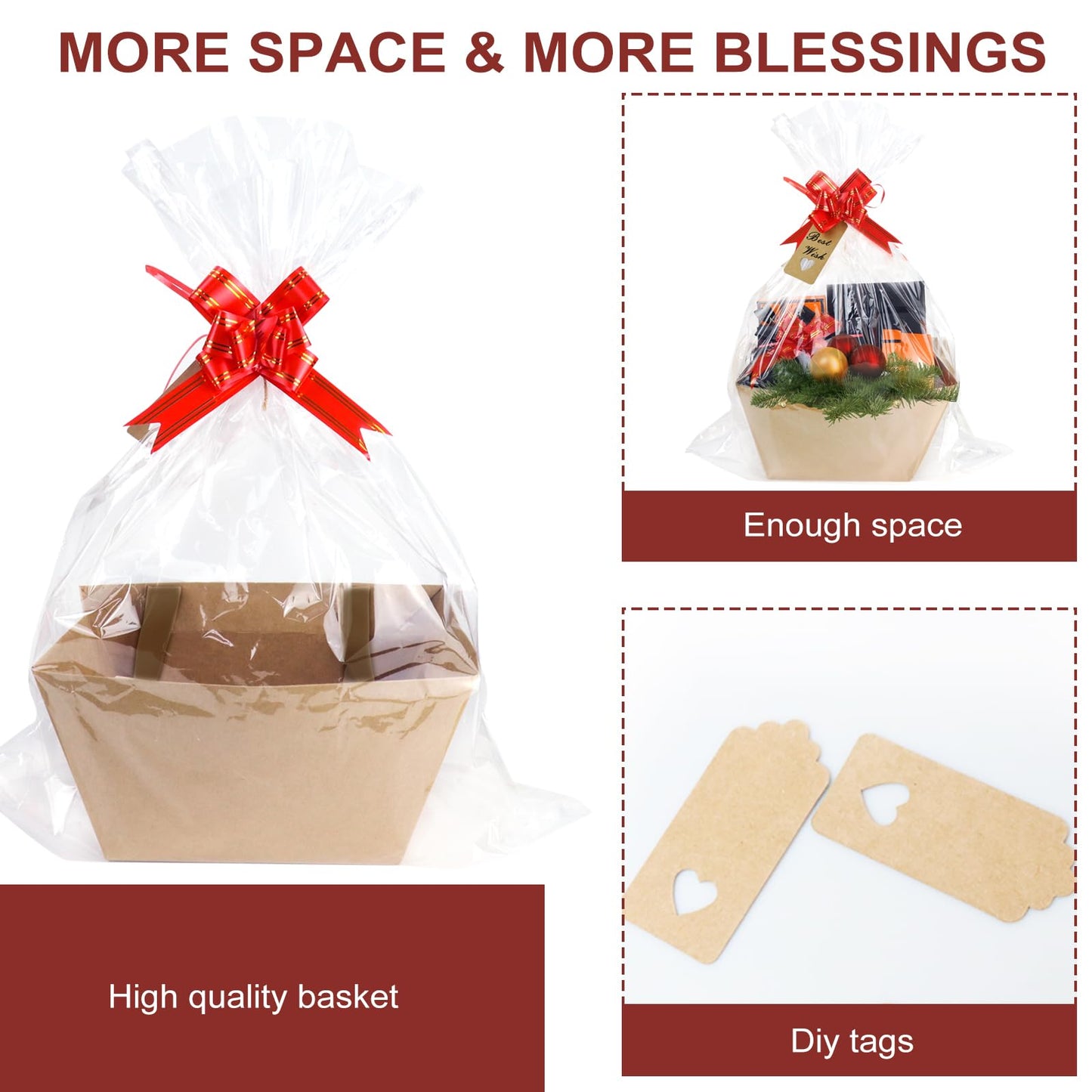 KEVTVEK Bigger Baskets for Gifts Empty, 6 Pack Sturdy Kraft Basket With Handles Gift Basket Kit, 6 Shrink Wrap Bags, 6 Bows and Hang Tag, Empty Gift Baskets to Fill for Graduation, Baby Shower
