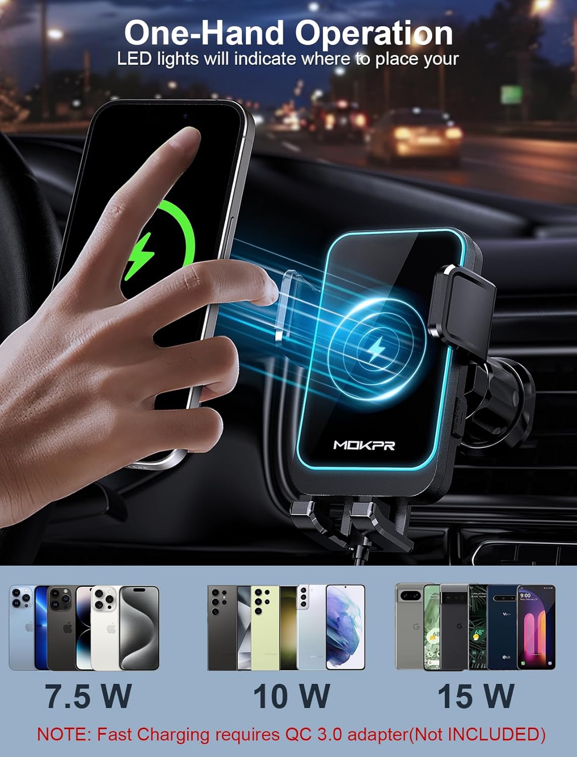 Wireless Car Charger, MOKPR 15W Fast Charging Auto Clamping Dashboard Windshield Air Vent Car Phone Holder with LED Light Car Charger for iPhone 16 15/14/13/12 Pro Max Plus, Samsung S23/S22/S21,etc