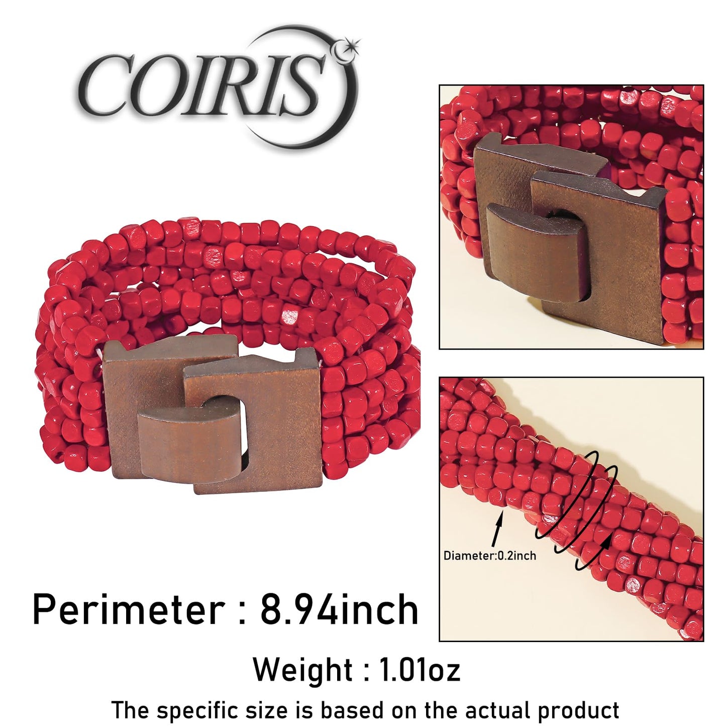 Coiris Boho Bangle Bracelets for Women Wooden Beaded Bracelets Chunky Bohemian Beach Bracelets Jewelry for Women(BR1235-Red)