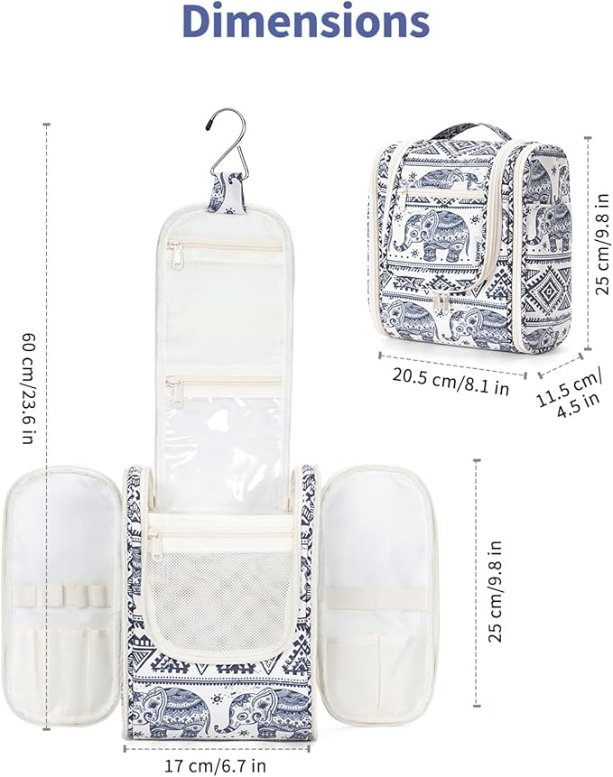 Narwey Small Hanging Toiletry Bag Women Travel Makeup Bag Organizer Toiletries Bag for Travel Size Essentials Accessories Cosmetics (Medium, Elephant)