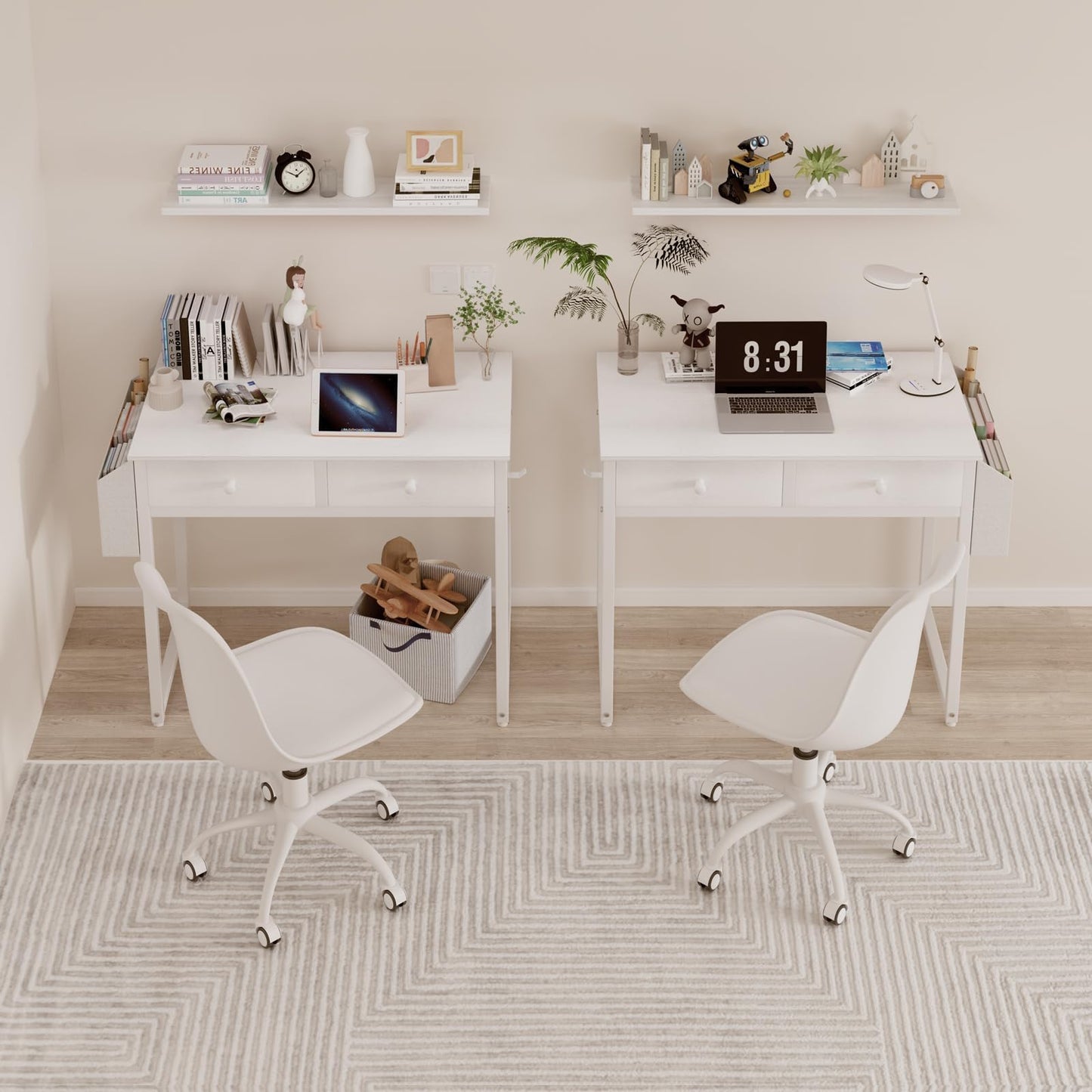 Lufeiya Small White Kids Desk with Drawers for Bedroom, 32 Inch Home Office Desks with Fabric Storage Drawer and Bag, Study Writing Vanity Table for Small Spaces, White