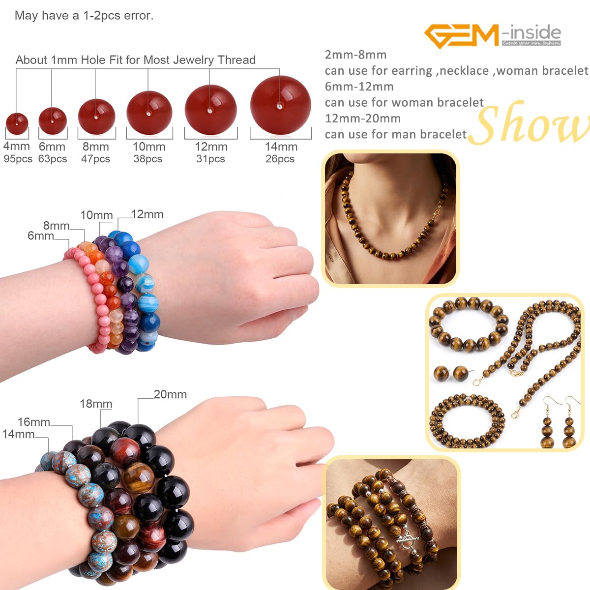 GEM-Inside Natural 8mm Tiger Eye Gemstone Loose Beads Round Crystal Energy Stone Power for Jewelry Making 15''