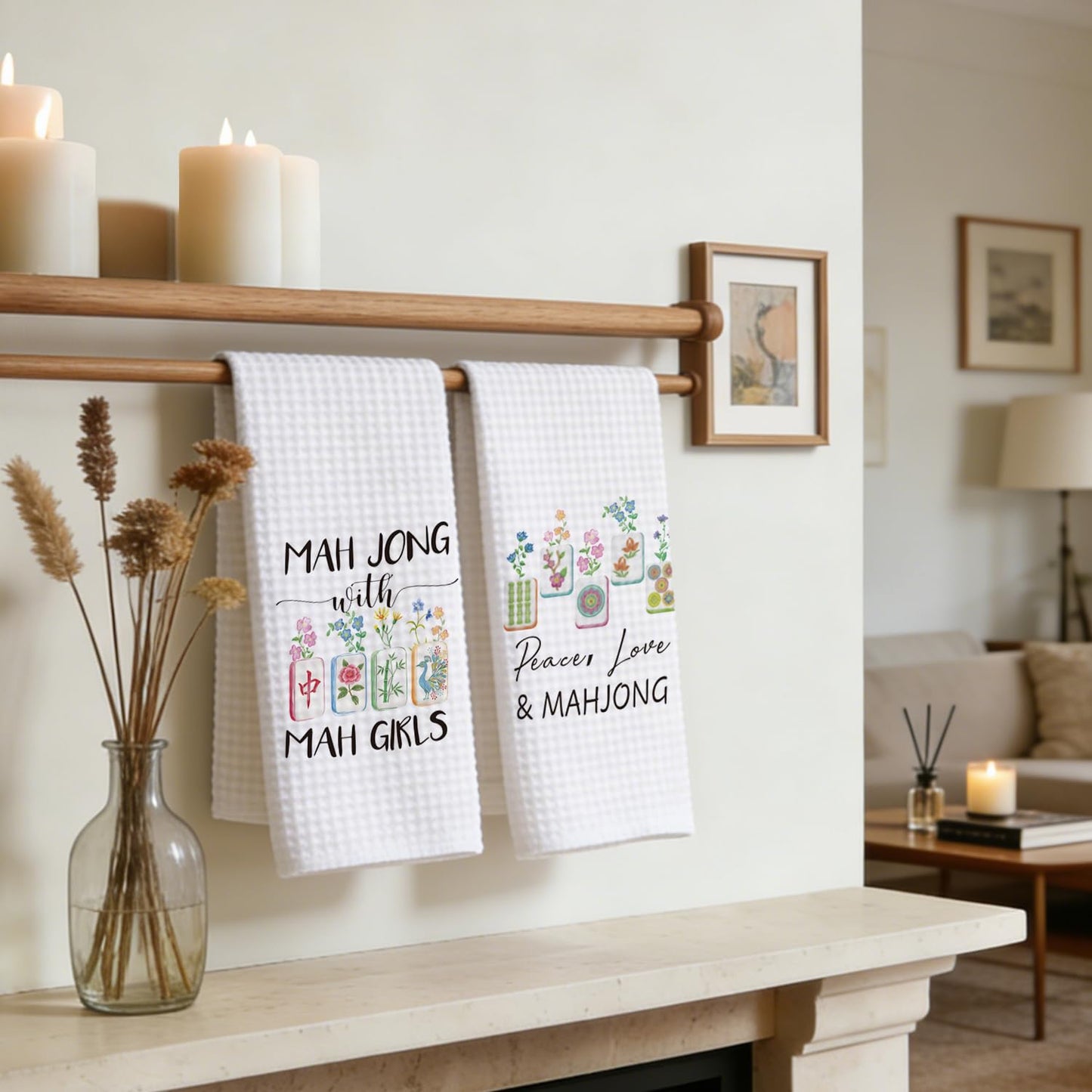 Bogatstvo Mahjong Gifts Dish Towels for Women Friends, Set of 2 Floral Mahjong Decorative Waffle Weave Kitchen Towels for Home Bar Bathroom, Housewarming Birthday Mothersday Gifts, Peace Love & Mahj