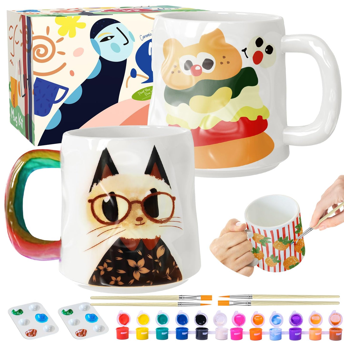 Roaxkois Ceramic Painting Set | Cup Painting Set Contains Cups, Brushes, Paints and Painting Instructions | Pottery Set for the Home | Craft Set for Adults