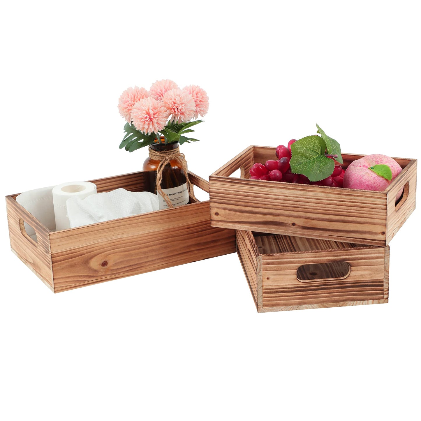 PHOENANCEE Wood Crates For Display,Rustic Crate Storage Decorative Boxes Set of 3,Wooden Nesting Box with Handles Farmhouse Container Basket Bin Home Decoration,Solid Pine,L+M+S