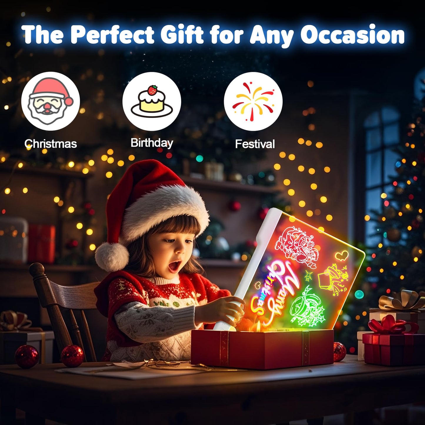 16-Inch Rechargeable LED Drawing Board, 9-Color Light Modes, Neon Art Dry Erase Light Up Doodle Glow Pad with Built-in Stand, Sketching Gift Toy for Kids/Girls/Teens, 7 Markers & Tracing Book