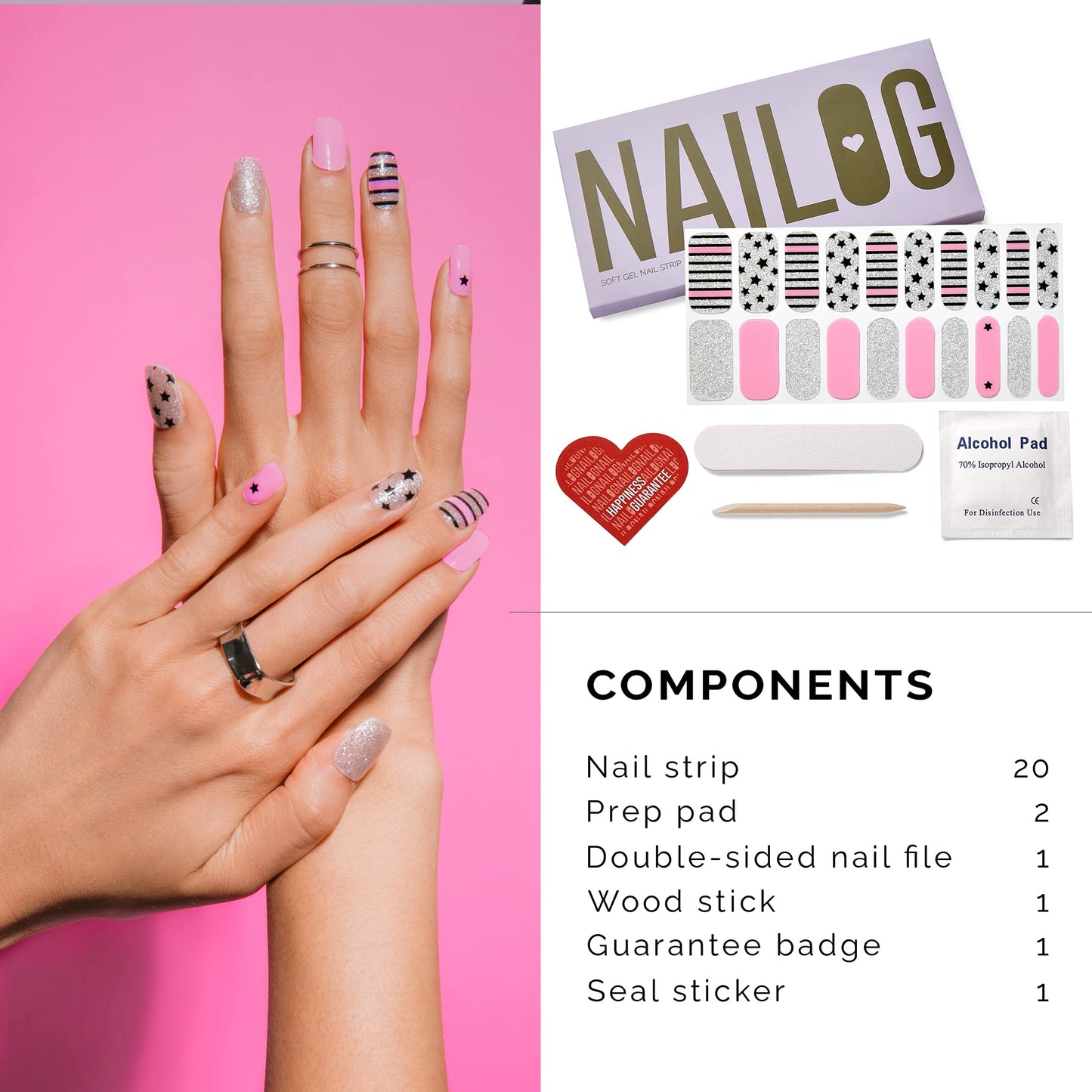 NAILOG Semi Cured Gel Nail Strips (20 Extra Long Polish Stickers/Wraps) │ Glossy & Long Lasting Soft Gel Finishing│A Rock Song