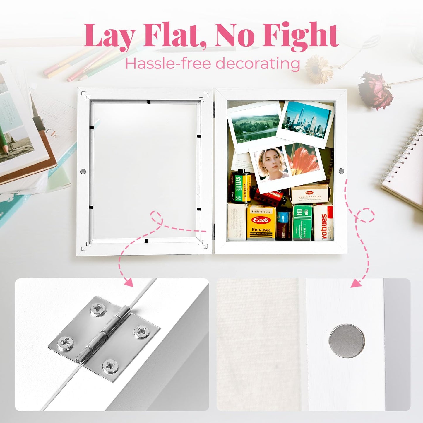 HOUSE DAY Shadow Box Frame 8x10, Front Open Magnetic Shadow Boxes Display Cases with Linen Back, Pins, for Photos or 3D Itmes Under 6x8, Tabletop or Wall Mount Display Case for Memorabilia, White