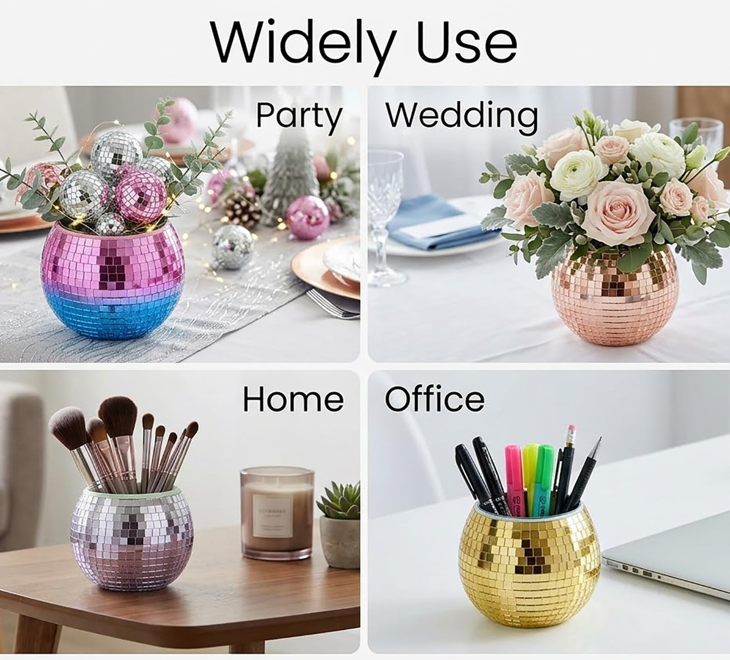 SILFGRLF 2 PCS Disco Ball Pencil Holder for Desk - Cute Office Decor & Makeup Brush Organizer, 4 Inch Sparkly Glass Pen Cup, Fun Desk Accessories for Women (GOLD)