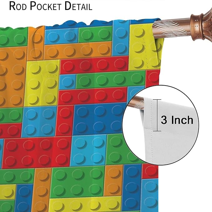Colorful Building Block Toy Printed Curtains, Building Blocks, Curtains, Fun Brick 3D Design, Kids, Teens, Girls, Boys, Living Room, Bedroom, Window Treatment Panels, 2 Panels 63x72in