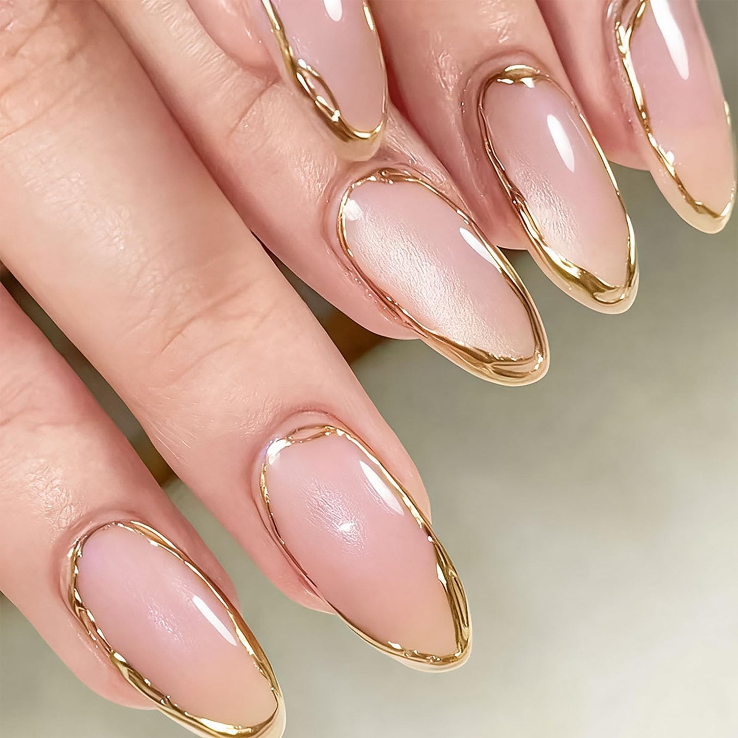 RUOKEXIN Almond Press on Nails French Tip Fake Nails Gold False Nails with Designs Medium Nail Press ons Sparkly Artificial Nails for Women 30Pcs